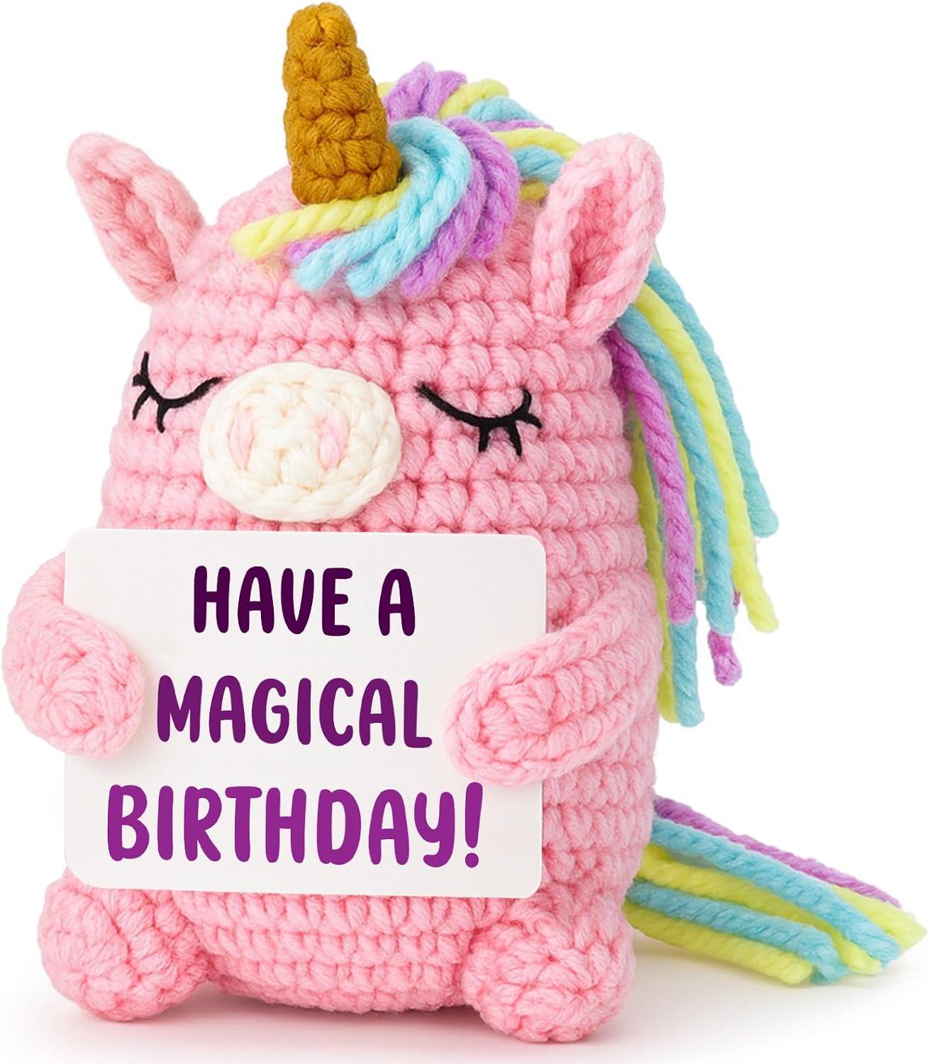 Birthday Gift for Girls, Pink Crochet Unicorn 4 Inch, Handmade Amigurumi Plush with “Have a Magical Birthday” Sign, Cute Stuffed Animal for Daughter Granddaughter Niece