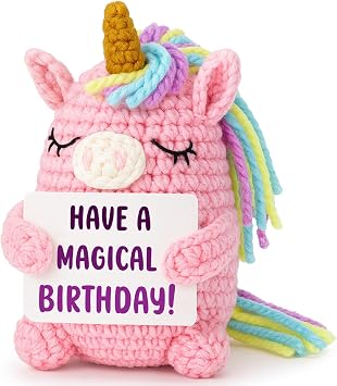 Birthday Gift for Girls, Pink Crochet Unicorn 4 Inch, Handmade Amigurumi Plush with Have a Magical Birthday Sign, Cute Stuffed Animal for Daughter Granddaughter Niece