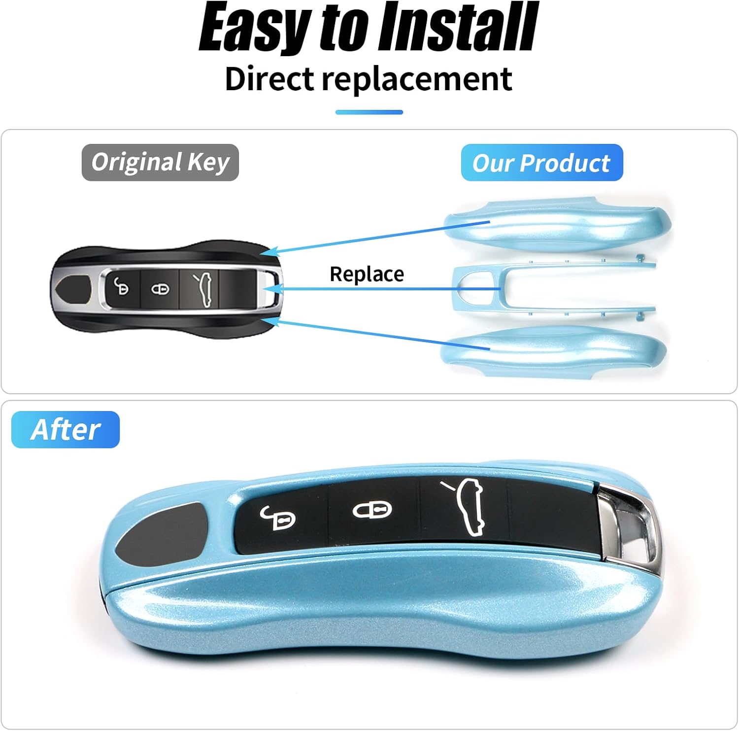 LCE Crystal Blue Key Fob Cover Compatible with Porsche Cayenne 2018-2025 Panamera 2017-2024 911 2019-2023 Taycan 2019-2024 Compatible with Porsche Key Cover