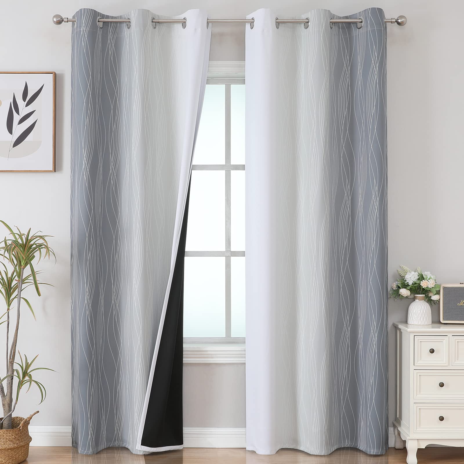 Estelar Textiler Full Room Darkening Greyish White and Grey Blackout Curtains 84 Inch Length 2 Panels Set, Ombre Thermal Insulated Full Light Blocking