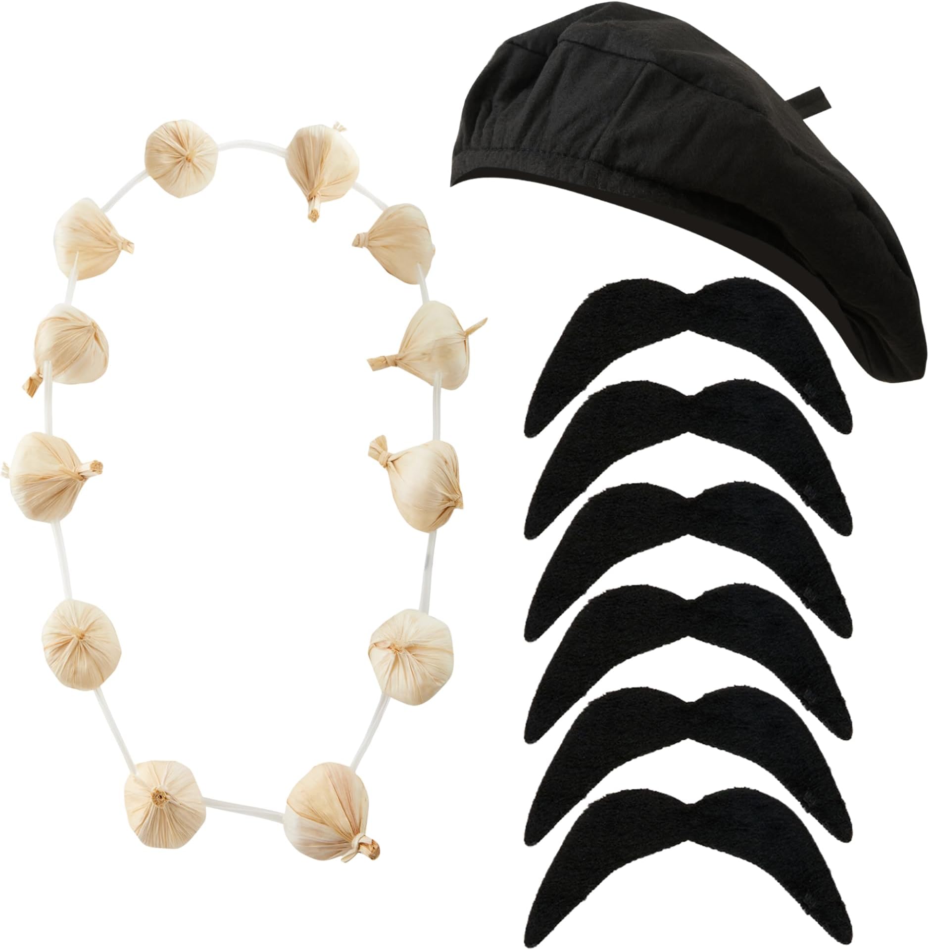 French Fancy Dress Costume Accessories - Black Beret Hat, Garlic Garland Necklace and Black Fake Moustache Fancy Dress Accessories - French Day Costume Kids or Adults European Languages Day Outfit