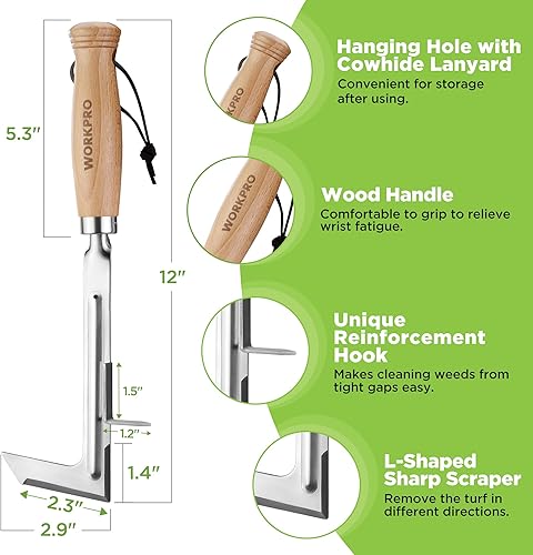 Miniatura 2 de WORKPRO Desbrozadora de grietas, herramienta de deshierbe de acero inoxidable de 12 pulgadas con mango de madera de haya, espátula extractora de