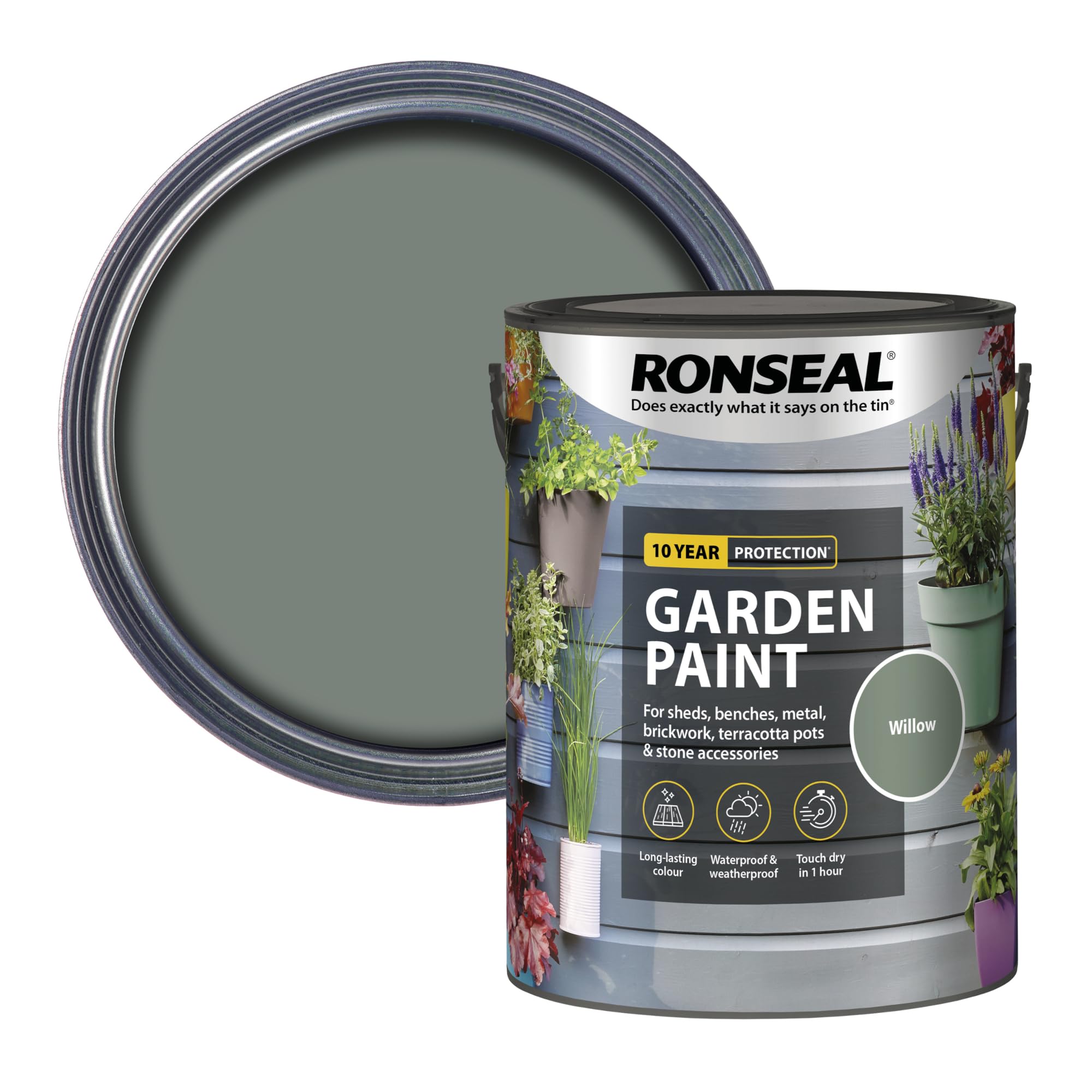 Ronseal Garden Paint in willow green, 5 litre tin, suitable for adding colour to wood, brick, terracotta and metal surfaces in outdoor garden environments.