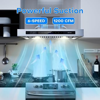BRANO Wall Mount Range Hood 30 Inch, DC Motor for 1200 CFM Powerful Suction | 6-Speed Ultra-Quiet Kitchen Hood with Voice/Gesture/Touch Control, Ducted/Ductless Convertible, LED Lights, Memory Function