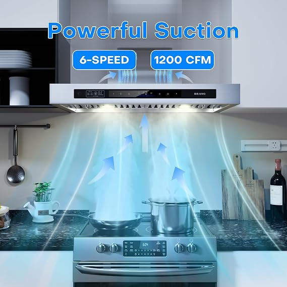 BRANO Wall Mount Range Hood 30 Inch, DC Motor for 1200 CFM Powerful Suction | 6-Speed Ultra-Quiet Kitchen Hood with Voice/Gesture/Touch Control, Ducted/Ductless Convertible, LED Lights, Memory Function