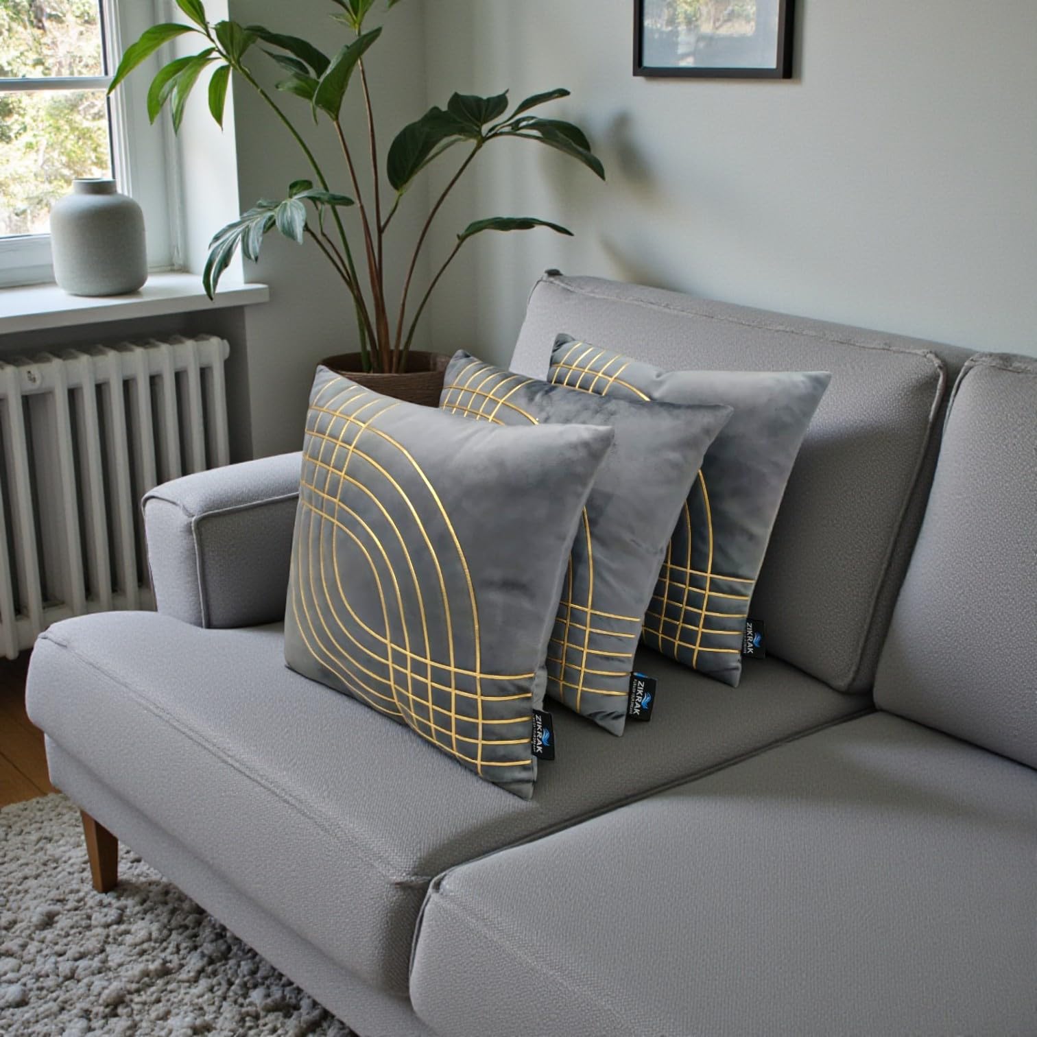 22x22 inch Velvet Cushion Cover Set | Premium Qaulity for Hotels and Home Pack of (Grey, 3)-image-4