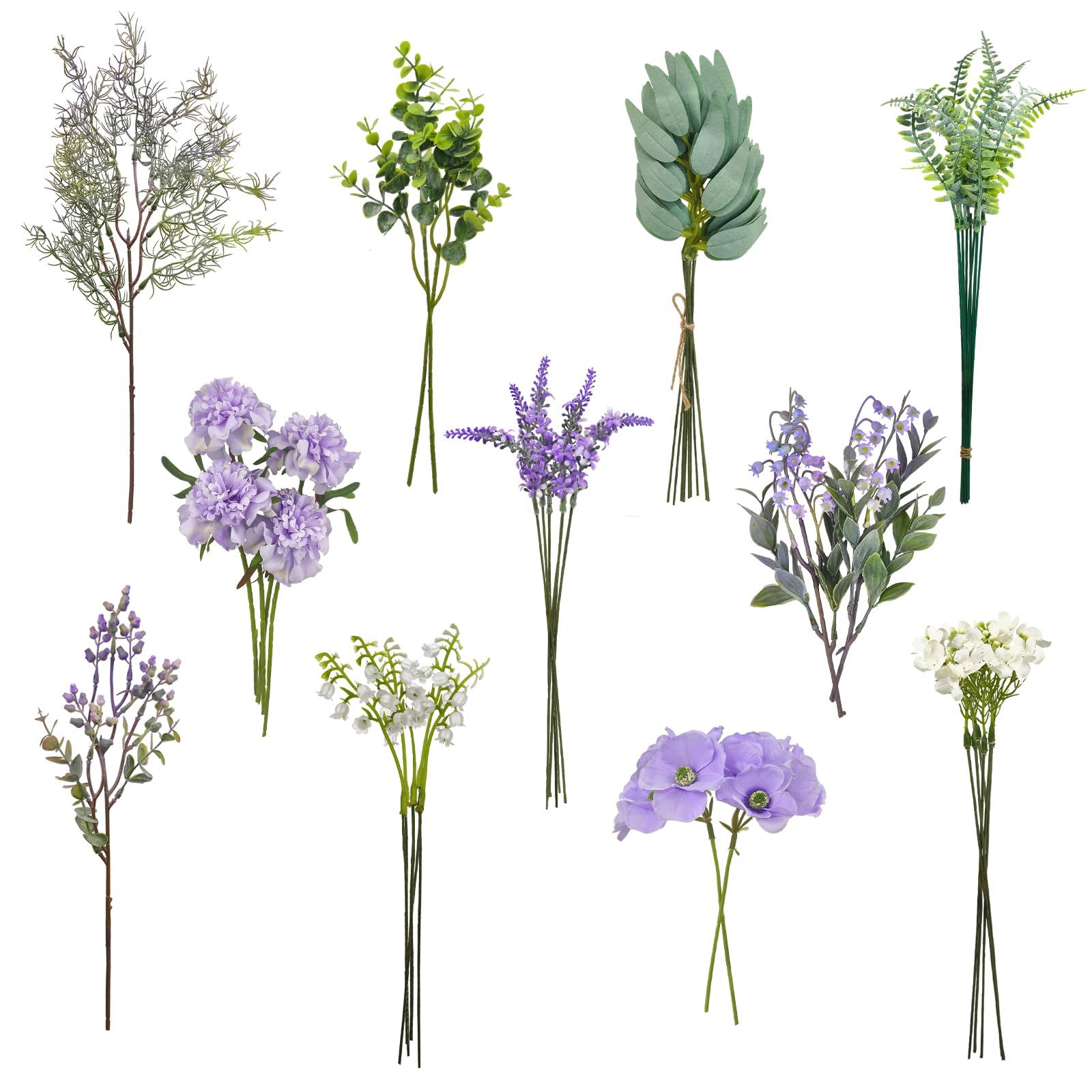 ROLLWAY 55 Stück Künstliche Zweige & Kunstblumen, Weiß Blumen Blätter Künstlich Dekozweige, Kunst Blumen Kunstblumenstrauss Eukalyptus Hortensien
