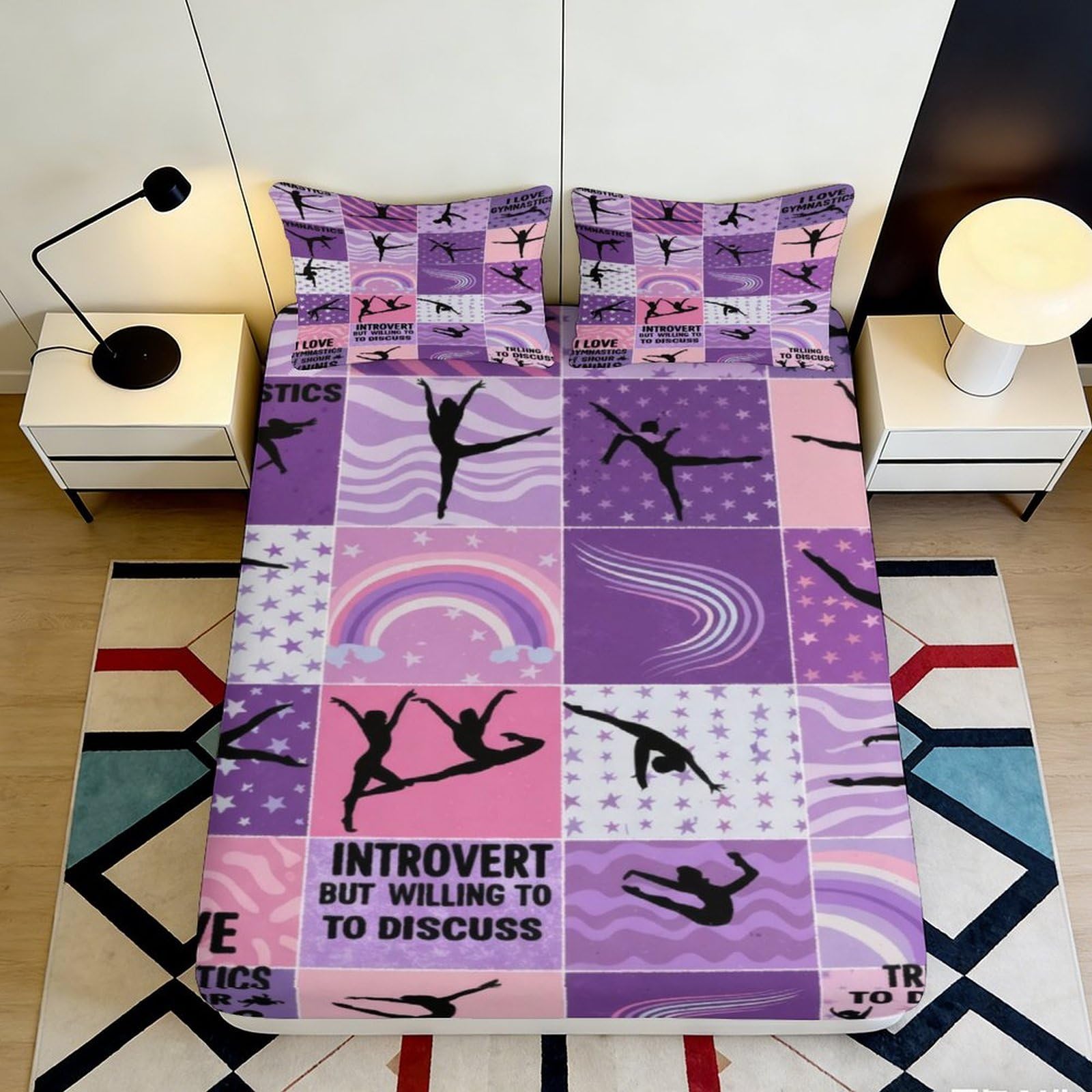 Pnayamiorkfel Style-9 3D Printed Gymnastics Silhouette Fitted Sheet Microfiber Rainbow Patchwork Bed Cover Bedroom Dorm Decor 90X200x25cm