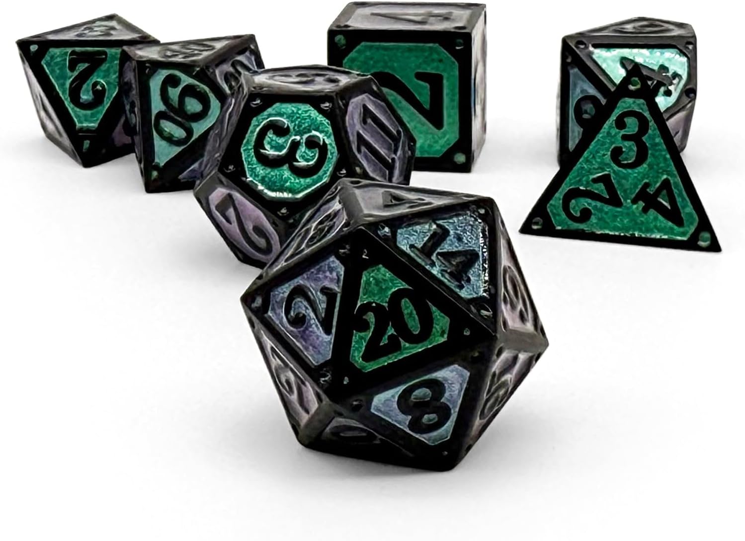 Norse Foundry Storybook Dice Set – The Twisted Forest | Metal Polyhedral Dice Set | Black & Emerald Enamel | Tin Book Storage Case | Color Shift MICA & Scorched Chromatic Plating | DND & RPG