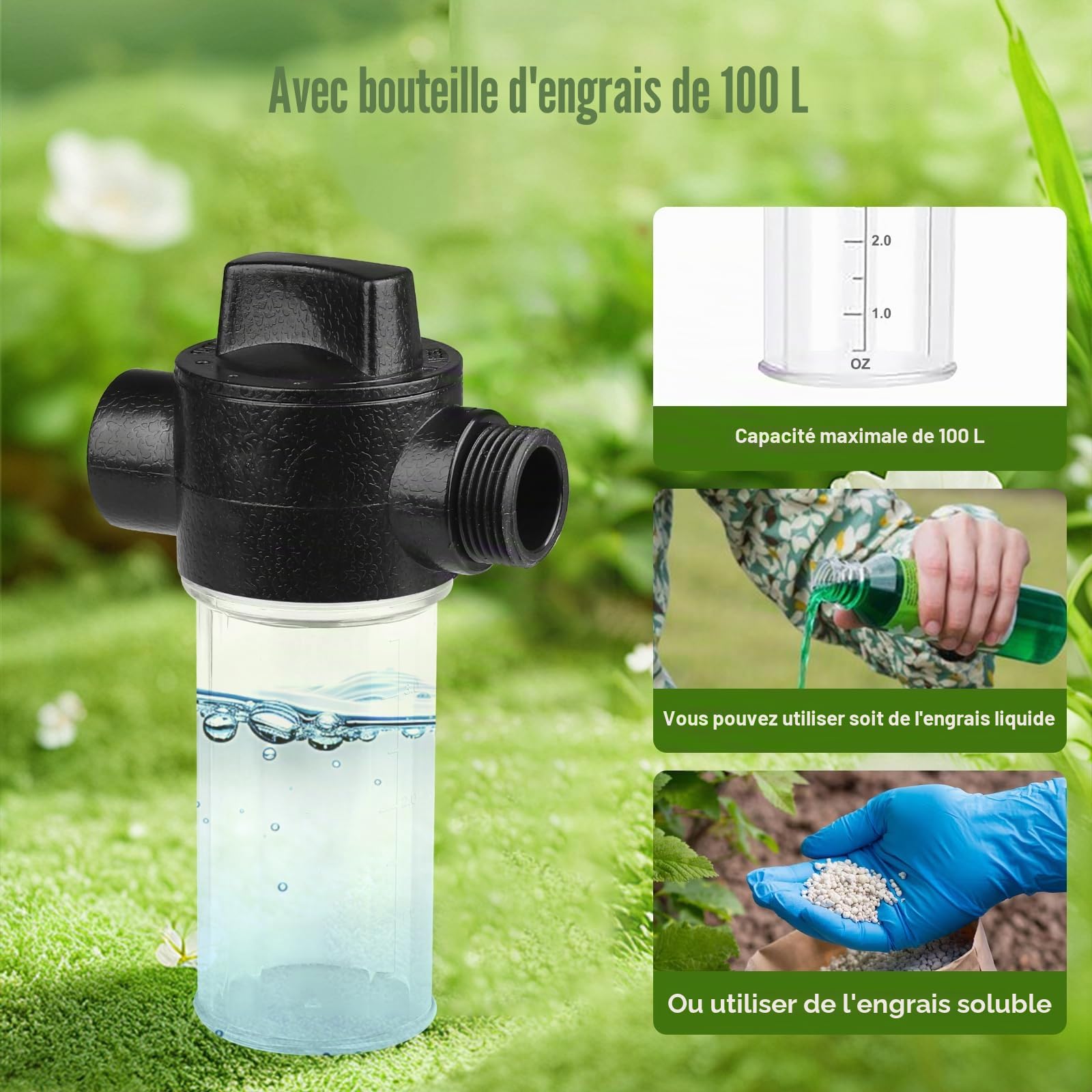 Système d’Arrosage Profond en Acier Inoxydable, 81,3 cm avec Bouteille d’Engrais et Valve en Laiton, Poignée en T, Outil d’Irrigation pour Plantes, Légumes, Fleurs, l'agriculture (Plata + Negro)