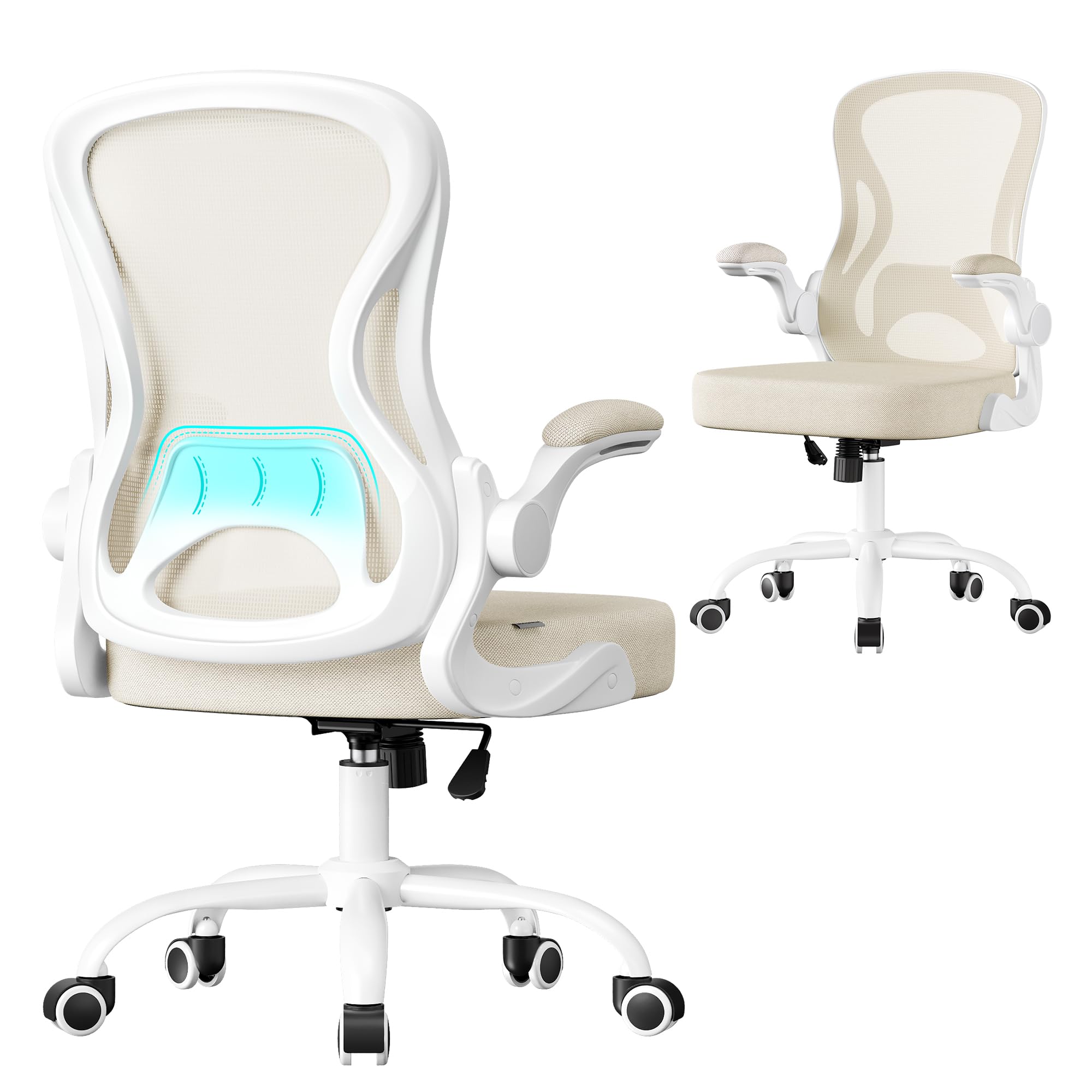 SONGMICS Ergonomic Office Chair, Mesh Swivel Desk Chair with Lumbar Support, Rocking Function, Flip-Up Armrests, for Home Office, Bedroom, Cappuccino Beige and Cloud White OBN042LH03