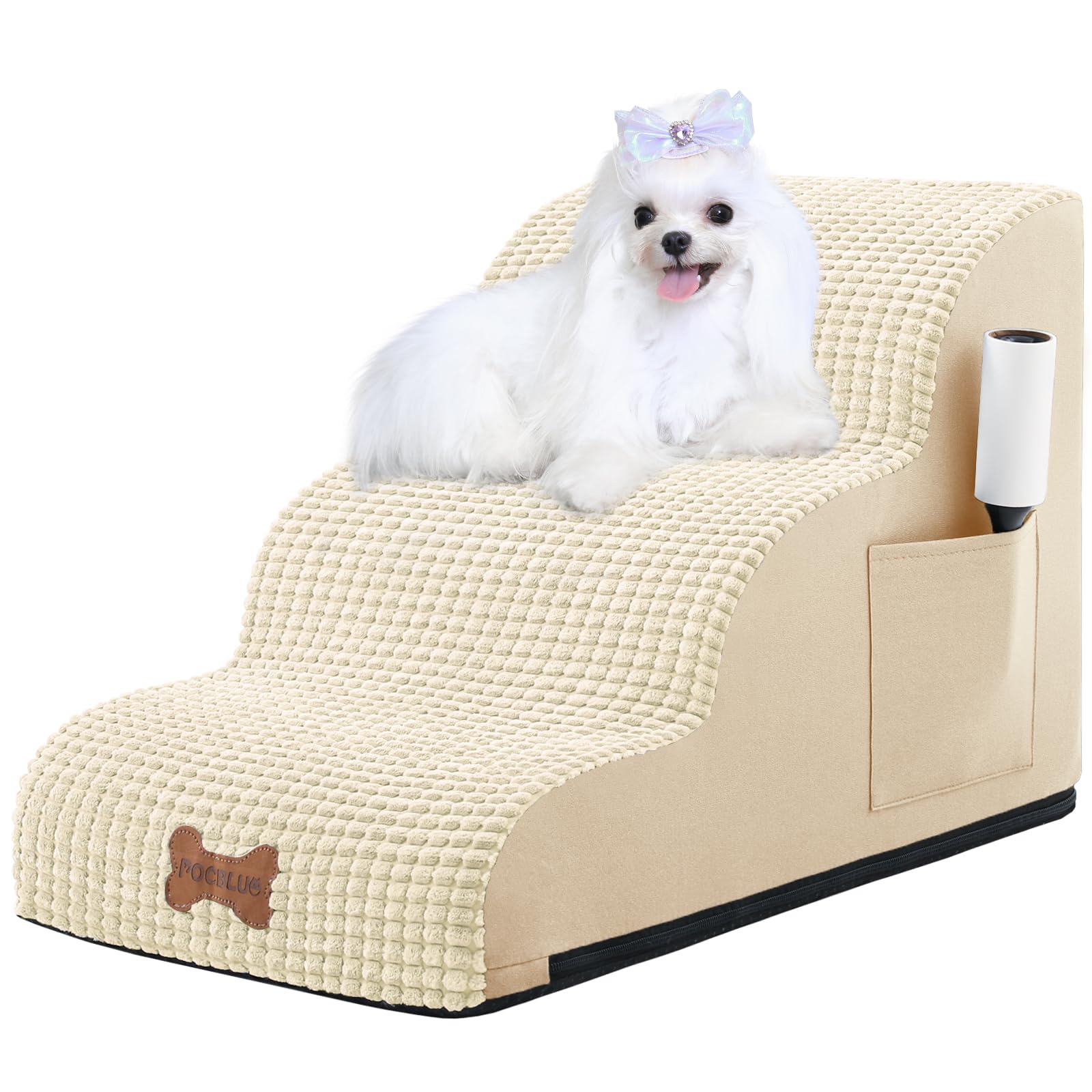 Escaleras para perros pequeños, escalón ancho para mascotas con cubierta extraíble, rampa de espuma de alta densidad para gatos sin montaje para cama o sofá, 3 escalones, beige