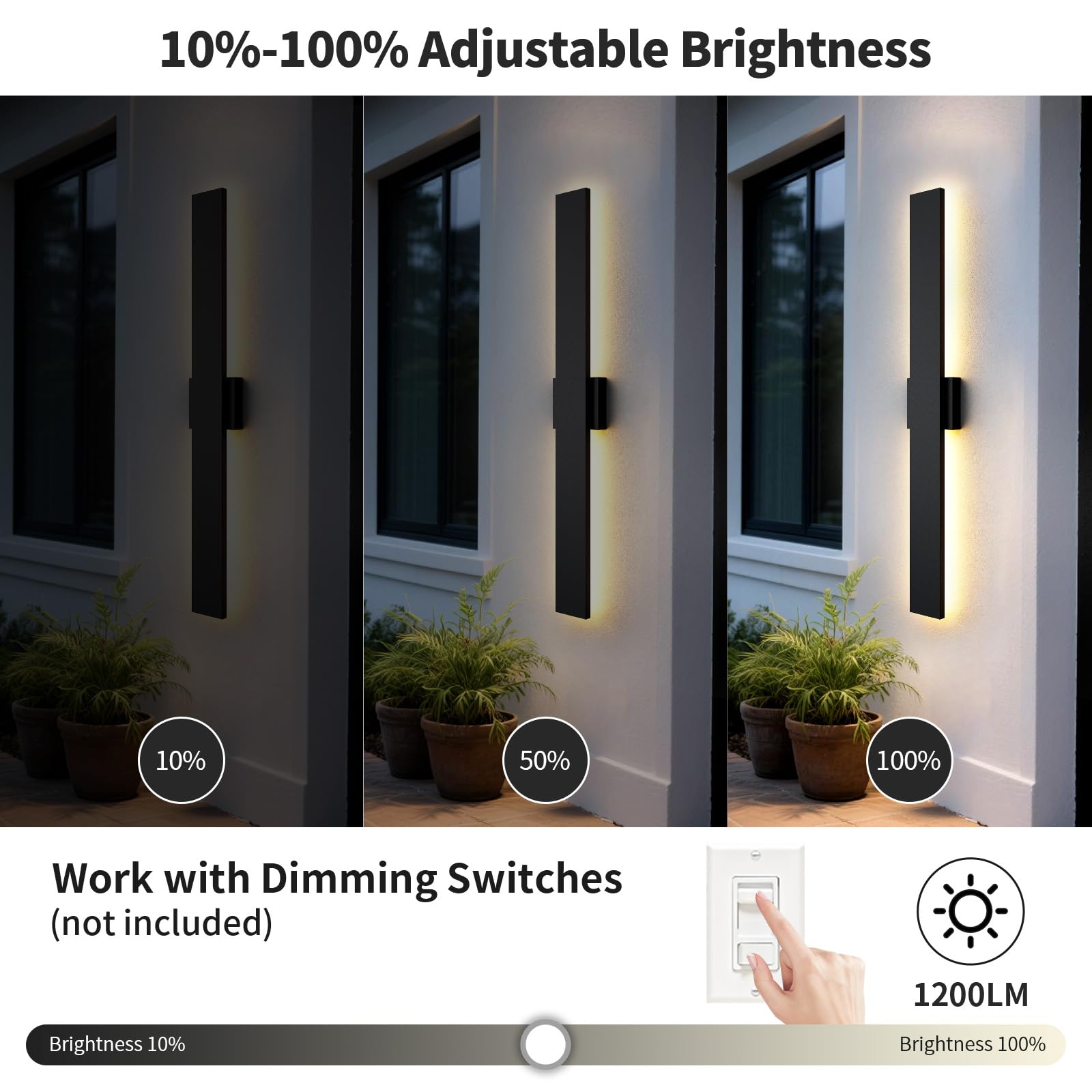 2 Pacchi 80CM Moderna Applique da Parete per Esterno, 3000K 4000K 5000K 10%-100% Dimmabile, IP65 Impermeabile Lampada da Parete Esterna per Casa, Veranda, Garage, Patio, Cortile, Ingresso Nero