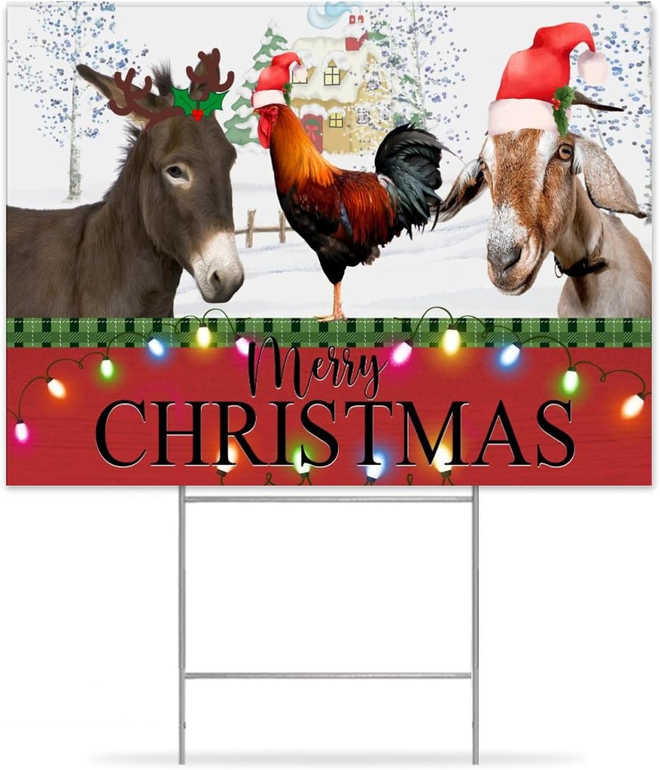 Merry Christmas Farm Animal Decorative Yard Sign with Metal H-Stakes Vintage Weatherproof Christmas Street Yard Sign for Outdoor Road Farm House Yard Lawn Decor Poster 18x24in
