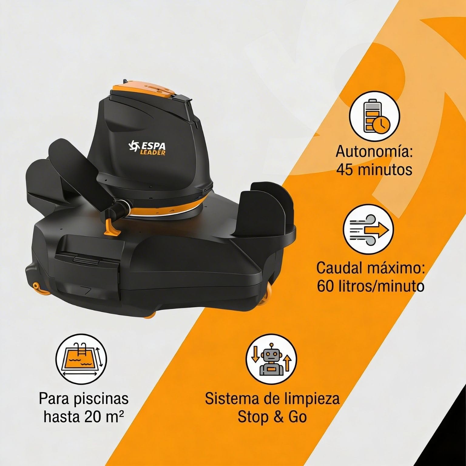 ESPA LEADER Robot Limpiafondos Automático Cyclone 100 para Piscinas | Limpieza de Fondos hasta 20 m², Caudal máximo 60 l/min, Autonomía 45 minutos, Sistema Stop & Go, Sensor de agua