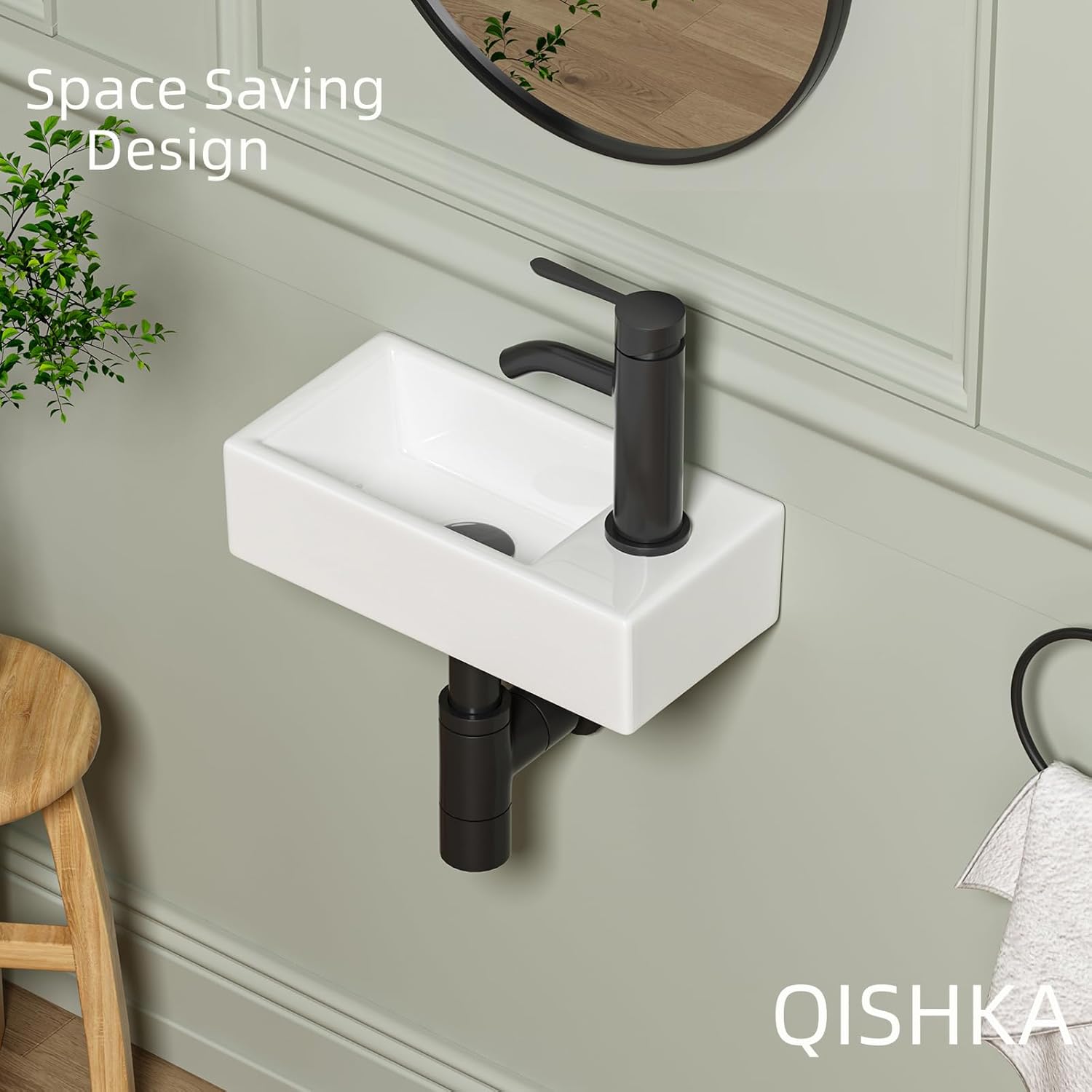 Small Wall Mount Vessel Sink, QISHKA 14.4" x 7" Ceramic Rectangle Wall Hung Bathroom Sink White Mini Wash Basin, Save Space for Narrow Bathroom (Right Hand)