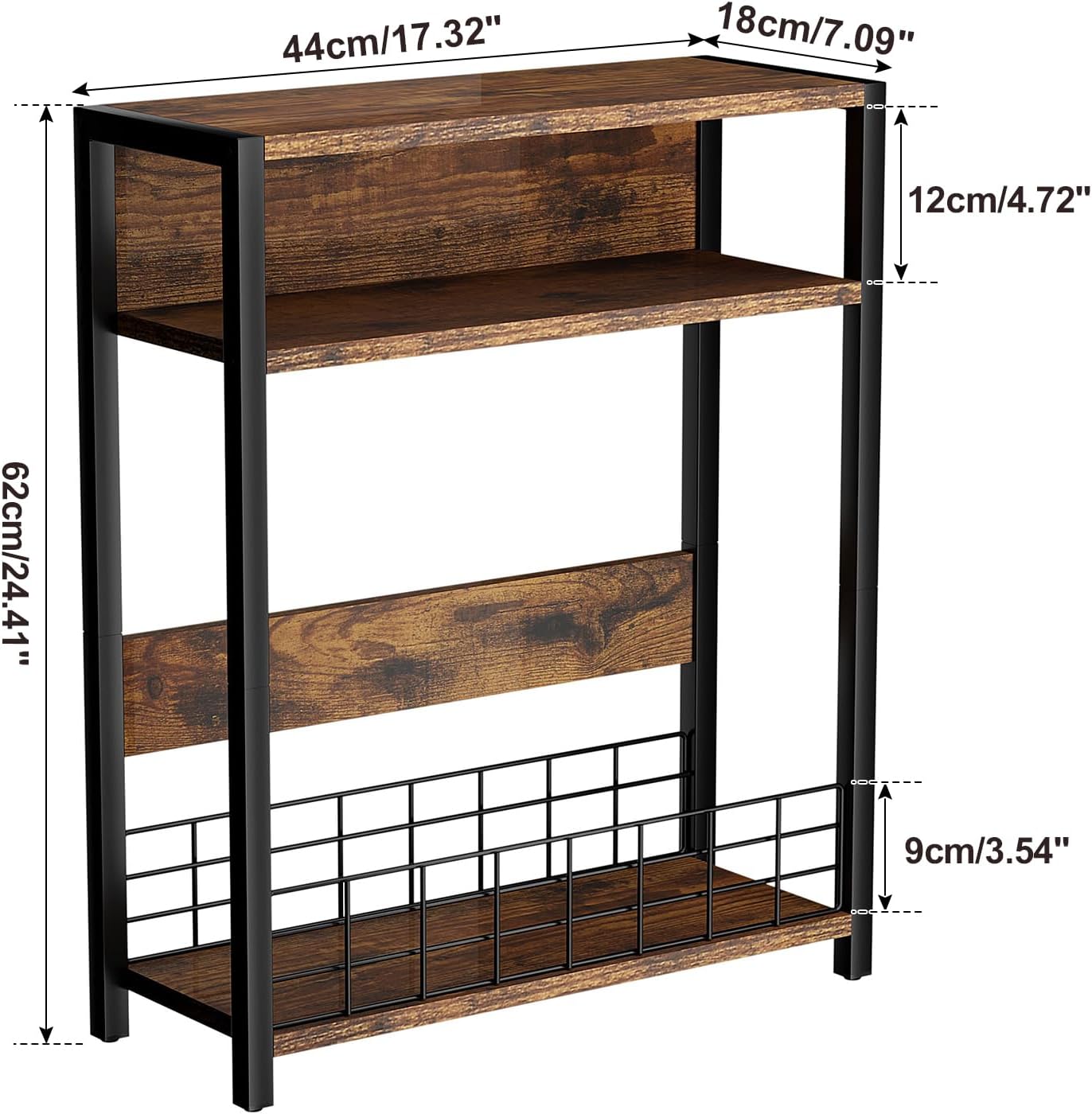 IBUYKE Narrow Side Table with Storage Shelf, 3 Tier End Table,Modern Sofa Table,Small Nightstand with Magazine Rack,Telephone Table for Small Spaces,for Living Room, Bedroom,Brown UTMZ001H