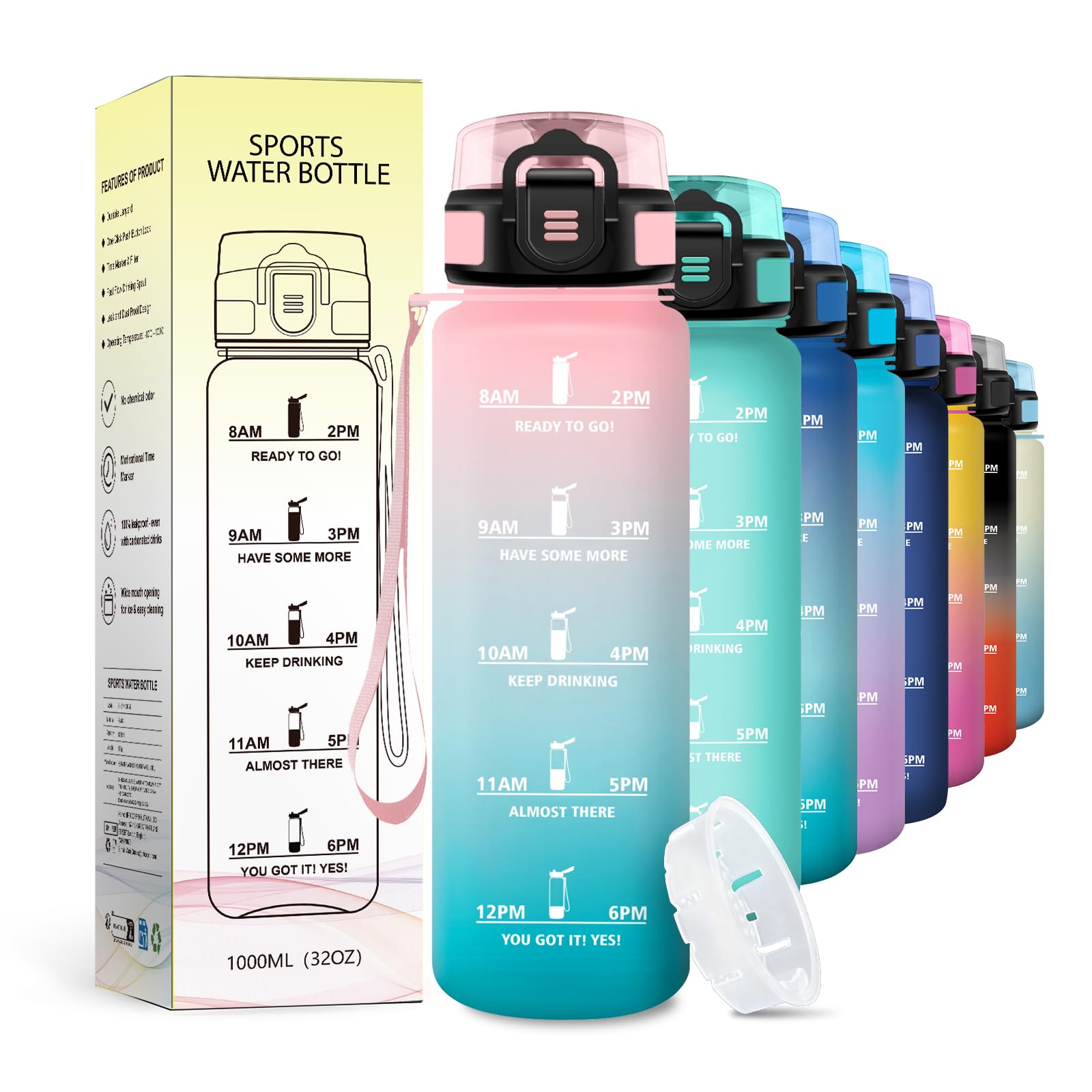 JAPORIA Sportflasche 1L, Auslaufsicher Wasserflasche mit filter, Kohlensäure Geeignet, Trinkflasche mit Zeitmarkierung, für Klettern, Picknick, Sprudel, Wandern