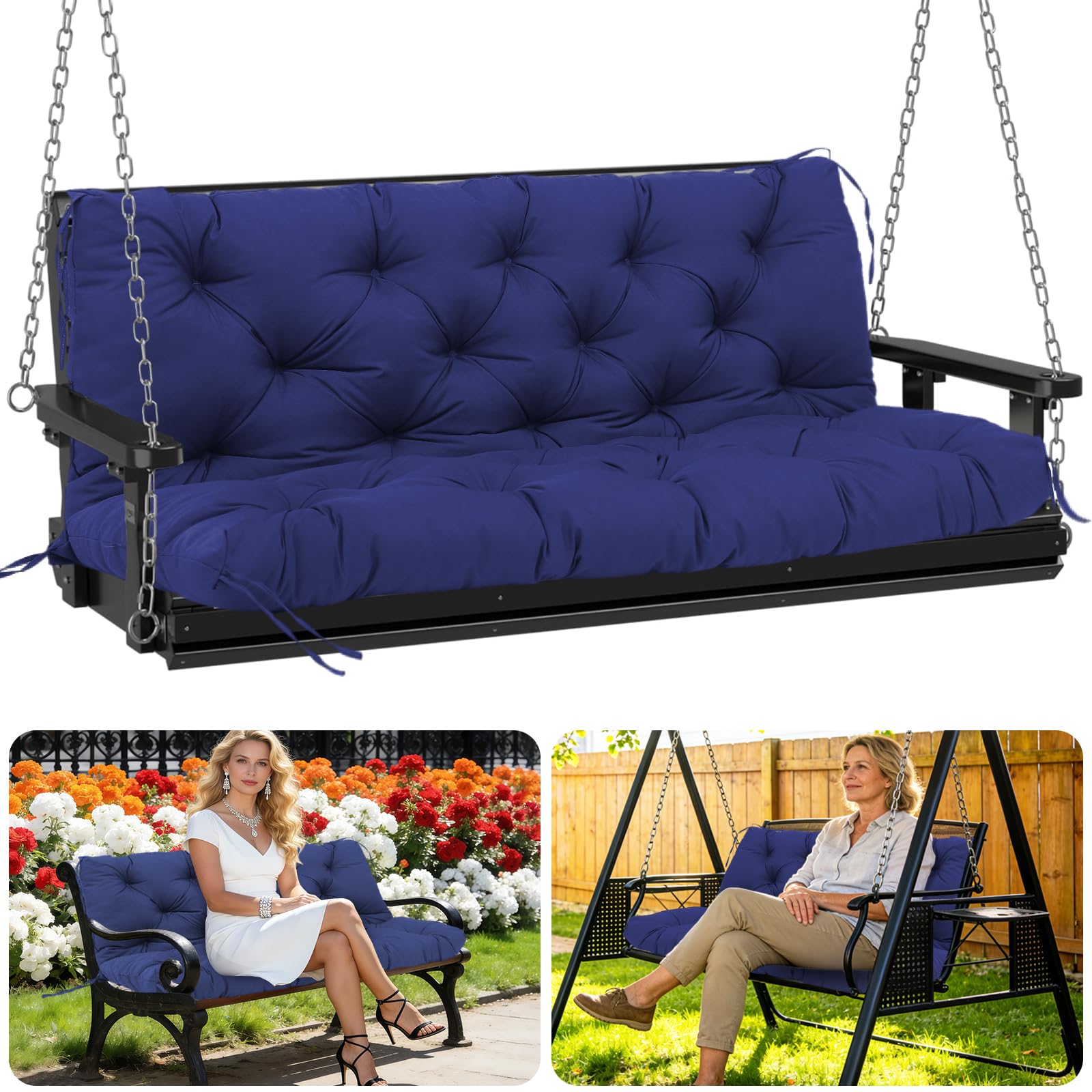 Porch Swing Cushions Outdoor 40 inch x 40 Waterproof Swing Cushions 3 Seater Replacement with Backrest &amp; 8 Ties 5" Thick Bench Swing Cushions for Outdoor Furniture Patio(Navy Blue)