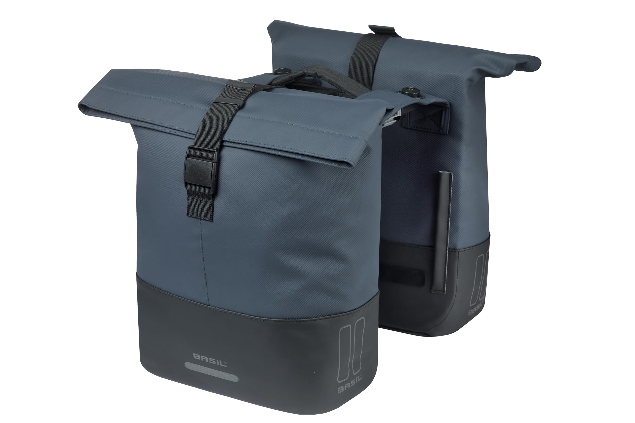 Basil Cove Double Bicycle Pannier Rack - with MIK Adapter Plate - 28-32L - Waterproof - Reflective - Recycled Material - 29 x 14.5 x 36 cm - Blue/Black