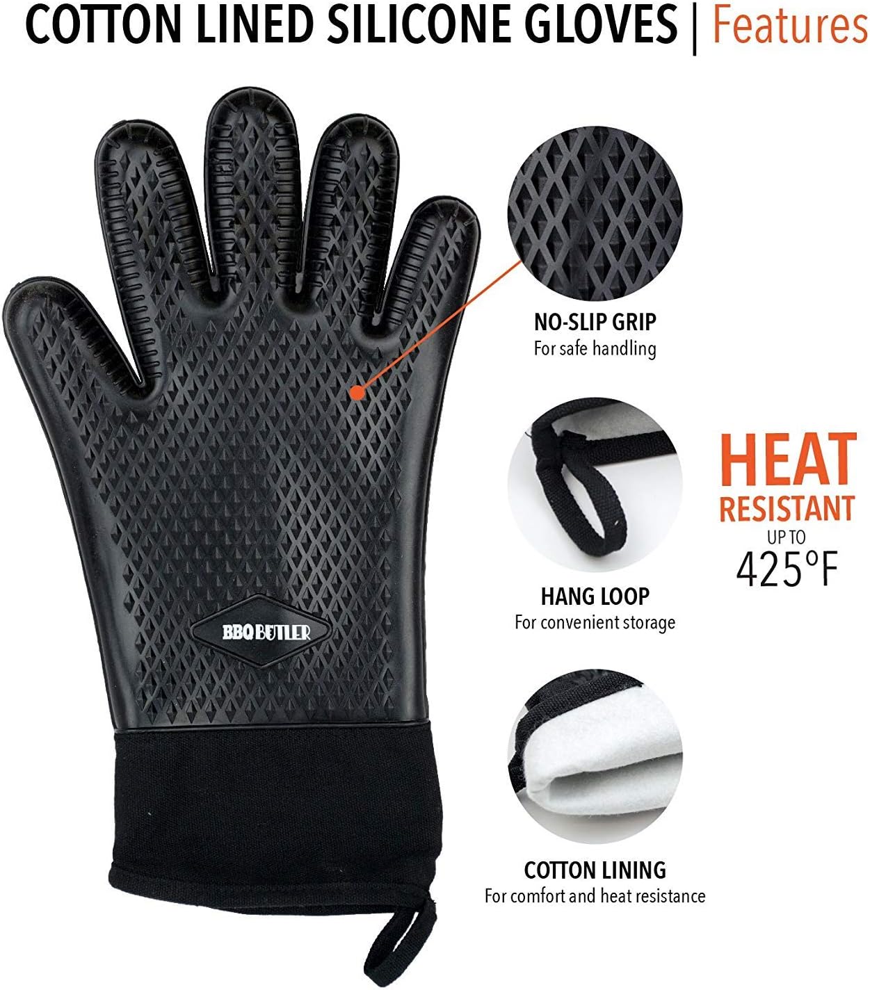 BBQ Butler Heat Resistant Oven Gloves - Silicone Oven Mitts - Heat Resistant Gloves - Baking Gloves - Grilling Gloves - Hot Mitts - Cotton-Lined for Comfort