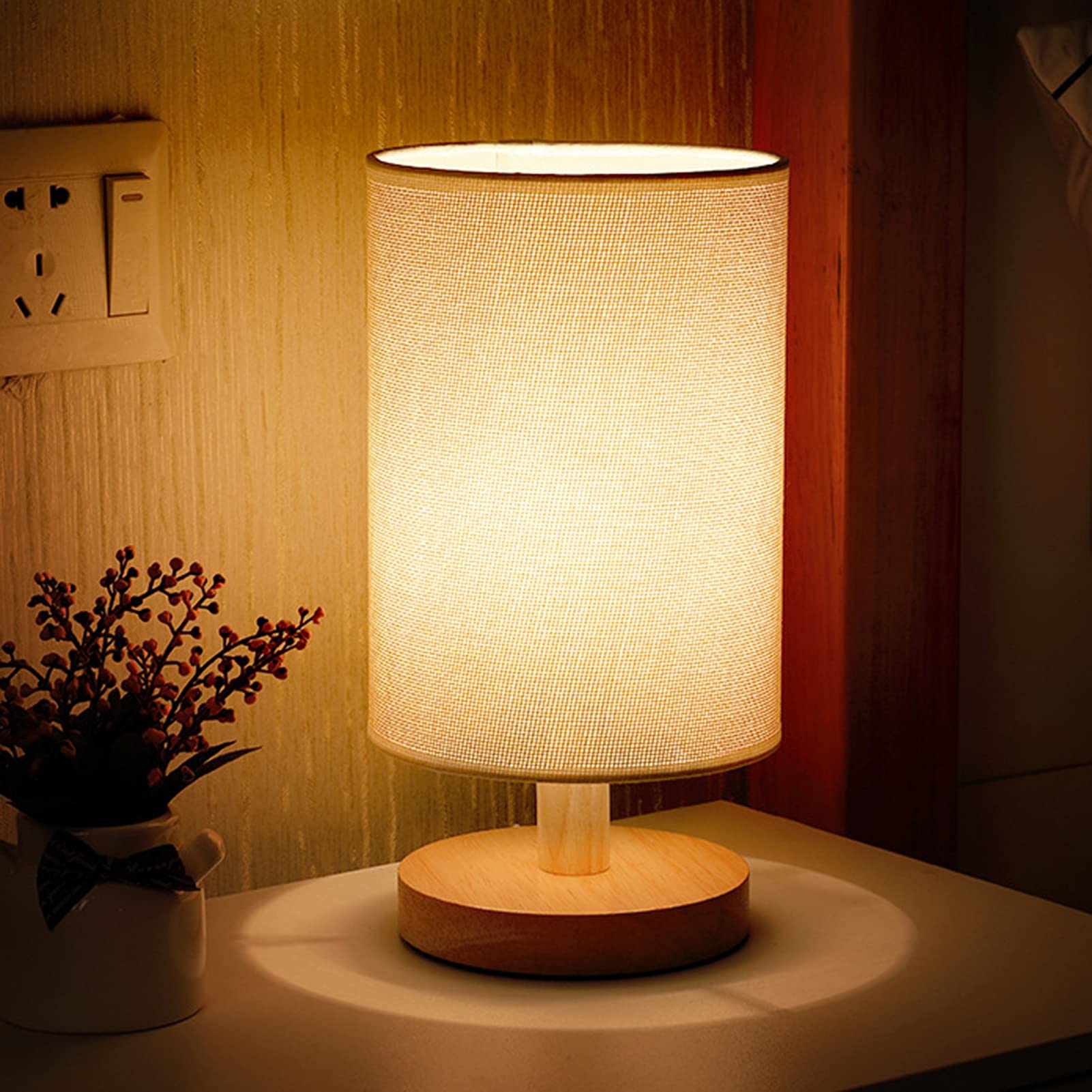 NXACETN Lámpara De Mesa, Lámpara De Mesita De Noche con Base Redonda De Carga USB, Lámpara De Noche Vintage con Protección para Los Ojos, Lámpara De Tela con Luz Nocturna Regulable