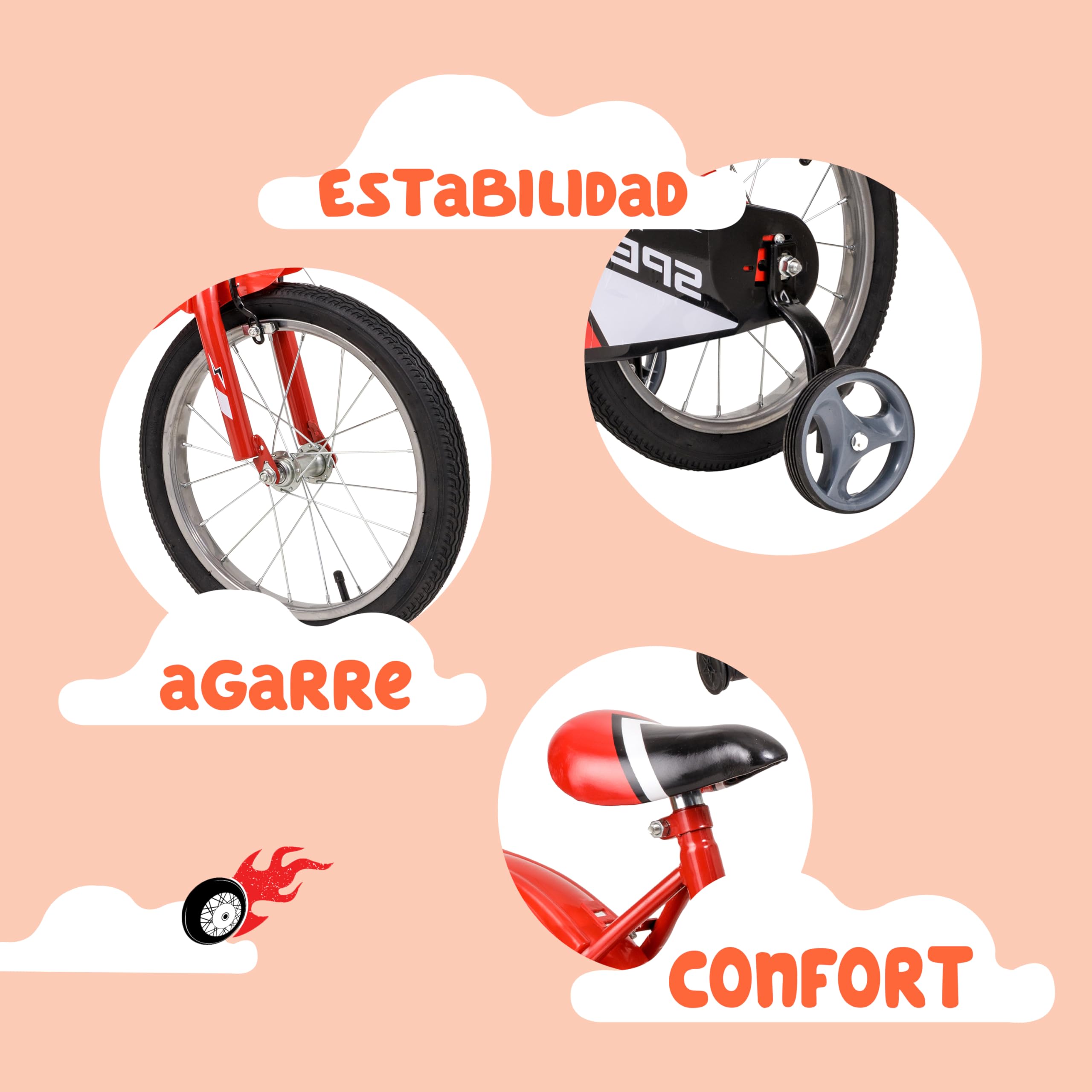 Baroni Toys Bicicleta roja para niño con ruedas incluidas, bicicleta deportiva para niños de acero, bicicleta para niños de 4 a 7 años, talla 12, 14 y 16 pulgadas