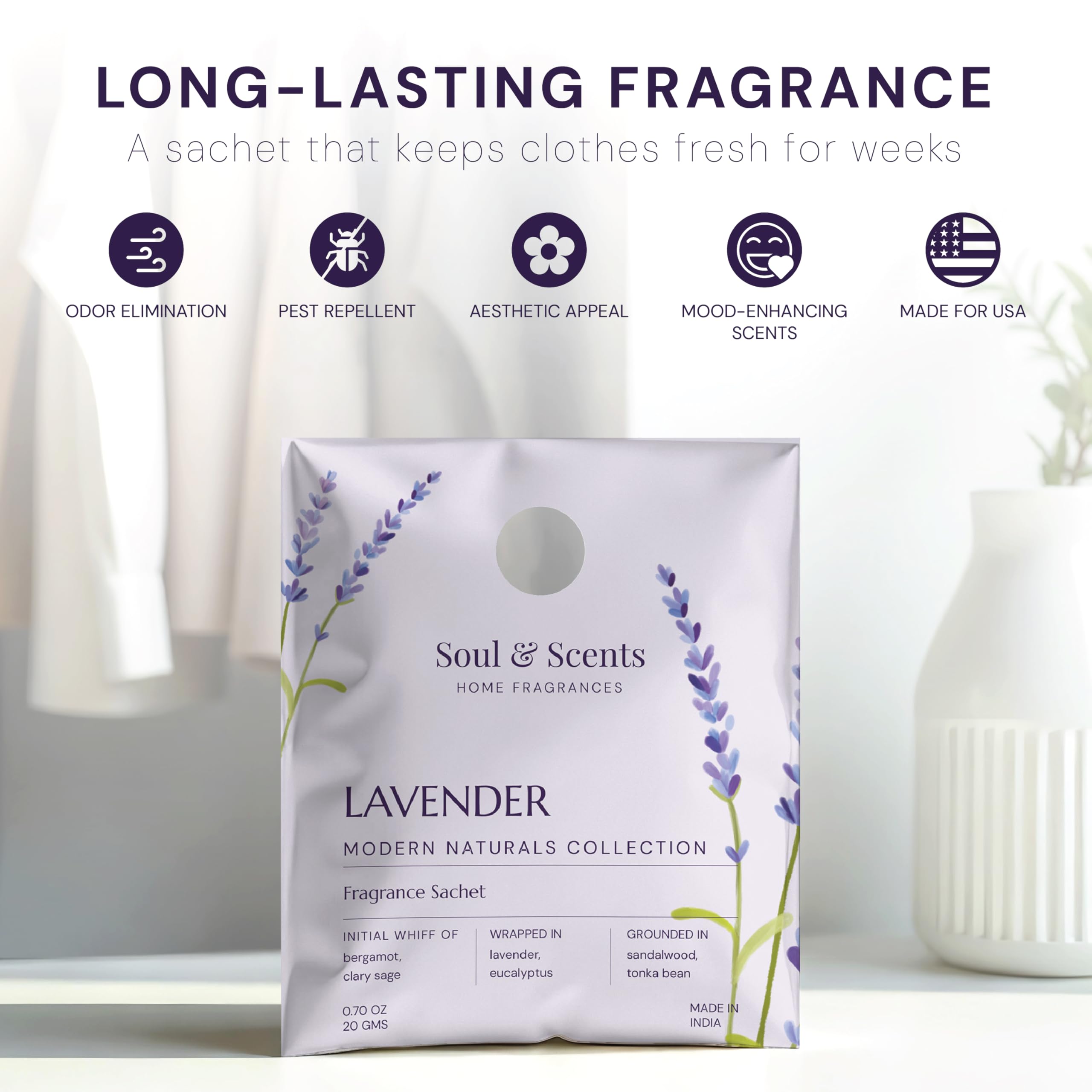 Soul & Scents Lavender Bliss Fragrance Sachet | Blend of Rosemary and Vanilla | Versatile Air Freshener for Car, Wardrobe, Kitchen, and Travel Bag | Pack of 3-20gm Each 4