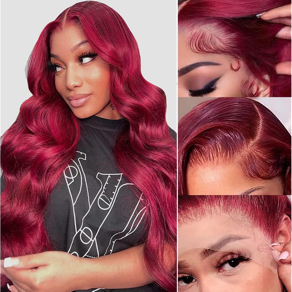99j Burgundy Lace Front Wigs Human Hair 13x4 Body Wave Frontal Wig Pre Plucked with Baby Hair 200% Density 28 Inch Hd Transparent Glueless Wigs Red Wine Body Wave Wig for Women