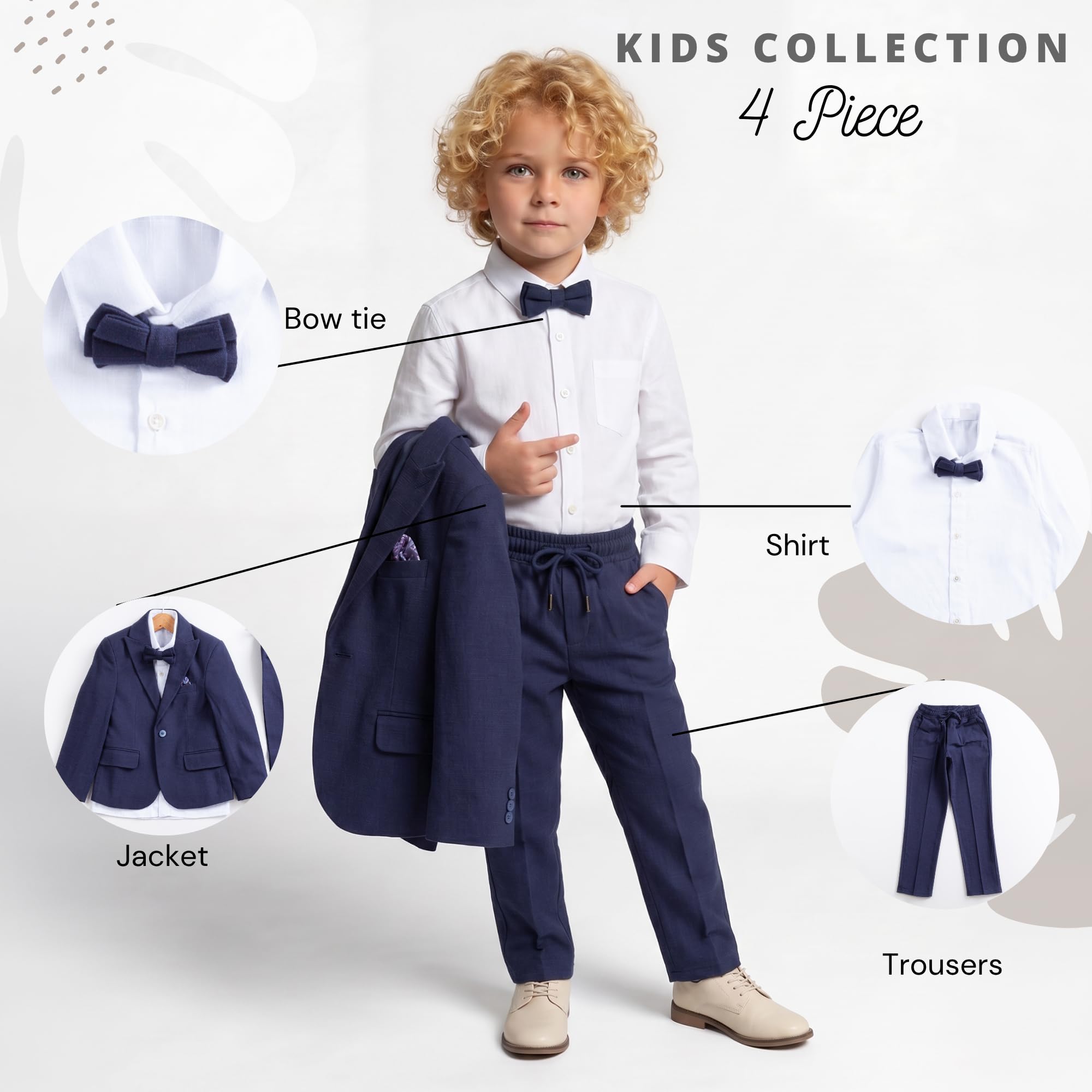 Traje para niños | Conjunto de 4 piezas de tela de licra flexible y cómodo 100% algodón, camisa, pantalones, chaqueta y pajarita | con elastano para fiesta y ropa formal para niños