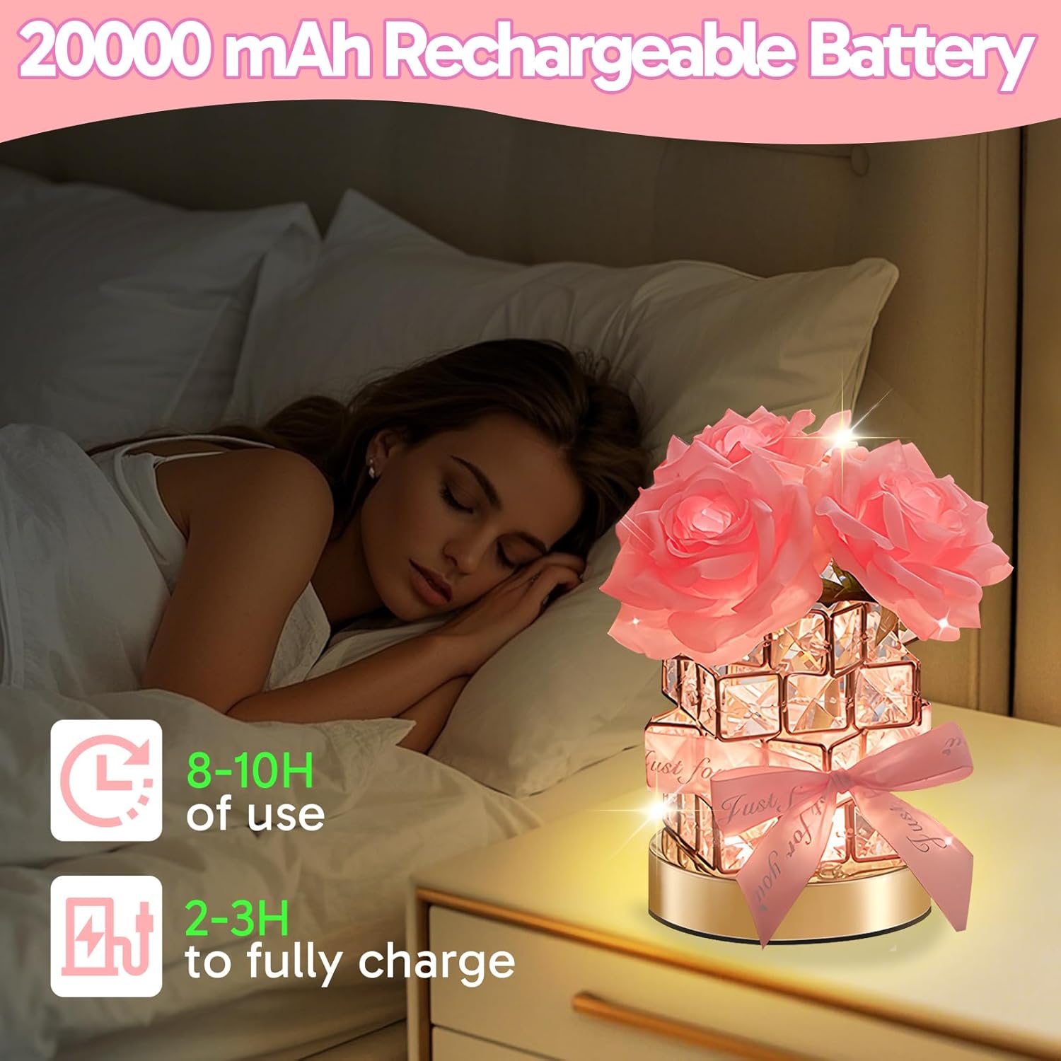 ONXE Valentine‘s Day Birthday Gifts for Her GF Girlfriend Wife,Flower Cordless Crystal Table Lamp,3-Colour Dimming Rechargeable Forever Rose Bedside Lamp Night Light Anniversary Decor for Women Men - Image 3