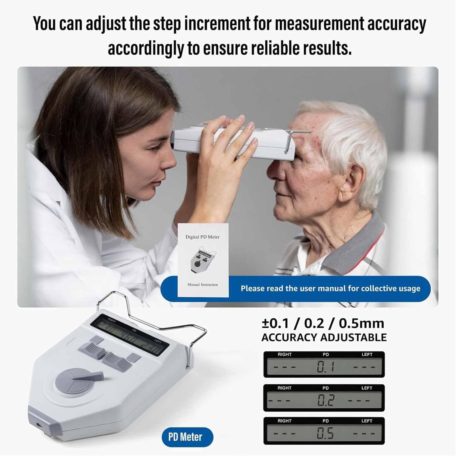Pupilómetro óptico digital, medidor preciso de la distancia interpupilar con pantalla LCD, bajo consumo y apagado automático, precisión ajustable ±0,1/0,2/0,5 mm y distancia interpupilar binocular de