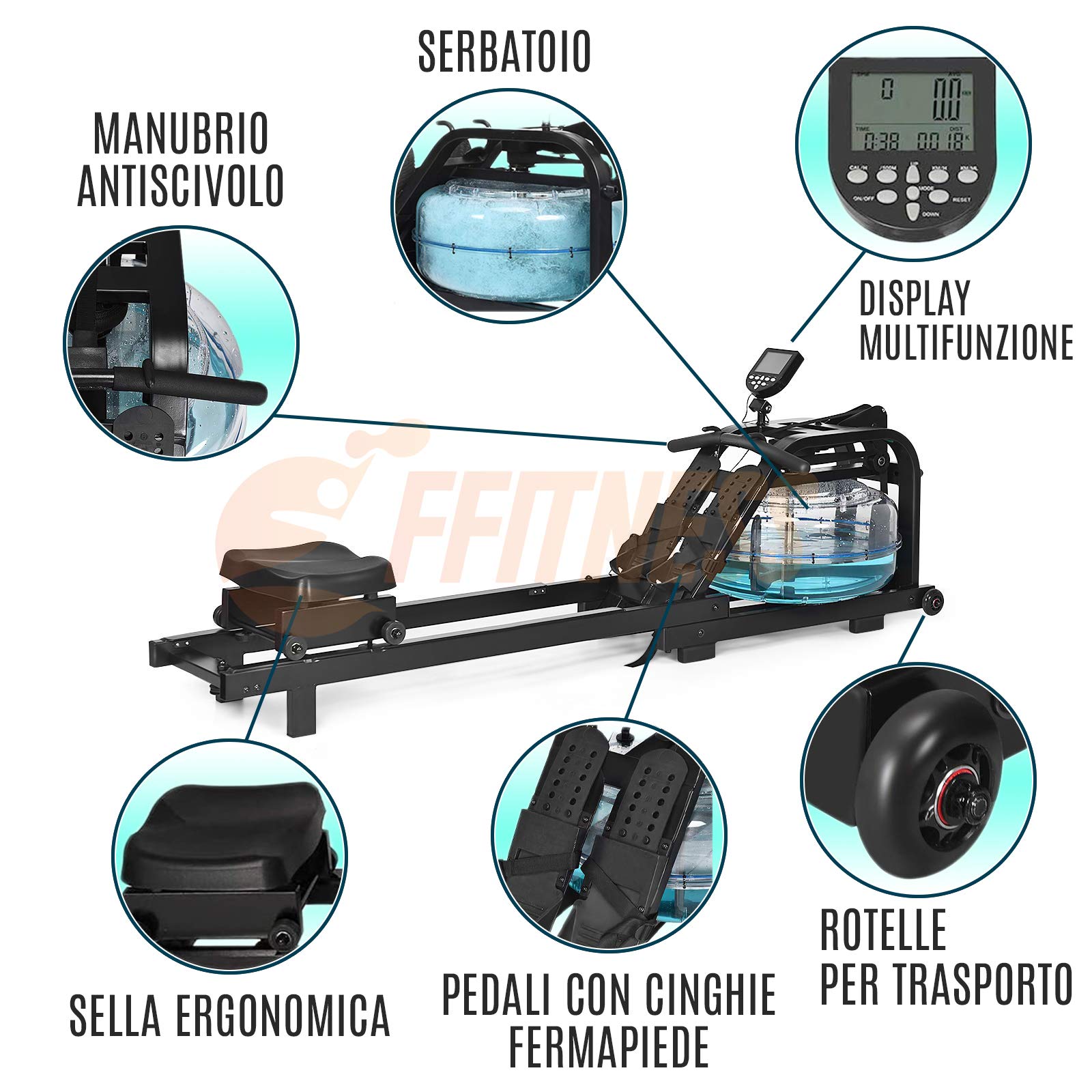 FFitness Vogatore Rematore Idraulico ad Acqua Compatto Unisex Adulto con Display Resistenza Idraulica Regolabile