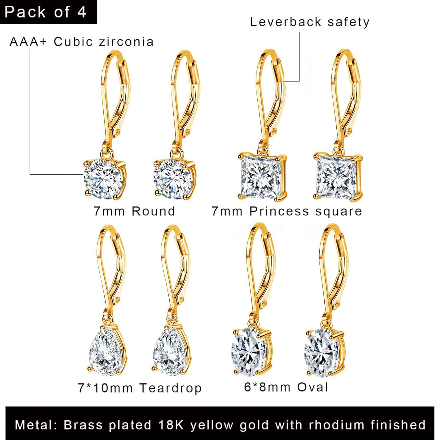 MDFUN 18K Gold Plated Dangle Earrings for Women Leverback Earrings Set Cubic Zirconia Drop Earrings Hypoallergenic Jewelry Gifts for Her - Image 2