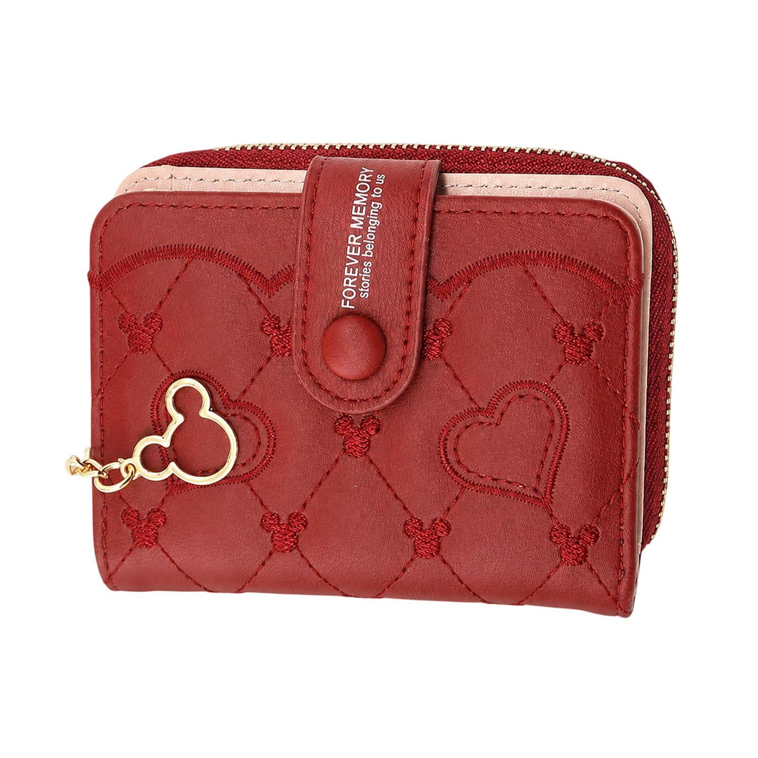 Women's Short Zipper Buckle Heart Shaped Wallet with Key Chain, Cute for Girls Wallet Coin & Card Purse(Mickey Red)-image-29