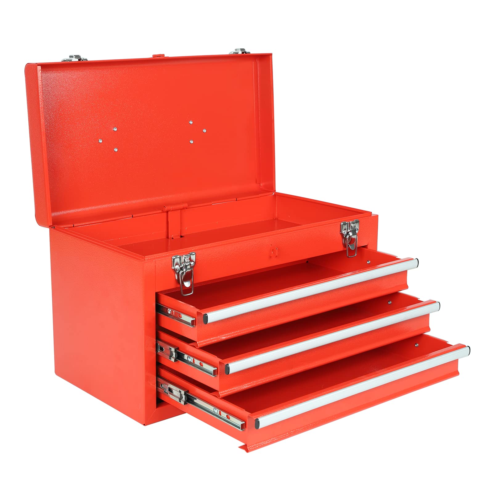 20" Portable Tool Box with 3 Drawer, Metal Latch Closure and Top Tray, Red, Heavy Duty Metal Storage Cabinet Garage Mechanic Organizer
