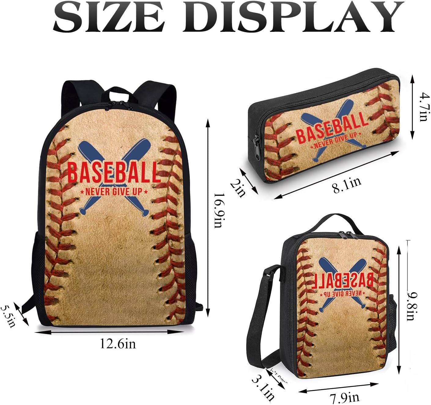 Baseball Backpack Set for School,17 Inch Casual Back to School Bags with Lunch Box, Kids Daypack Bags and Pencil Case Set for Teens Boys Men Students