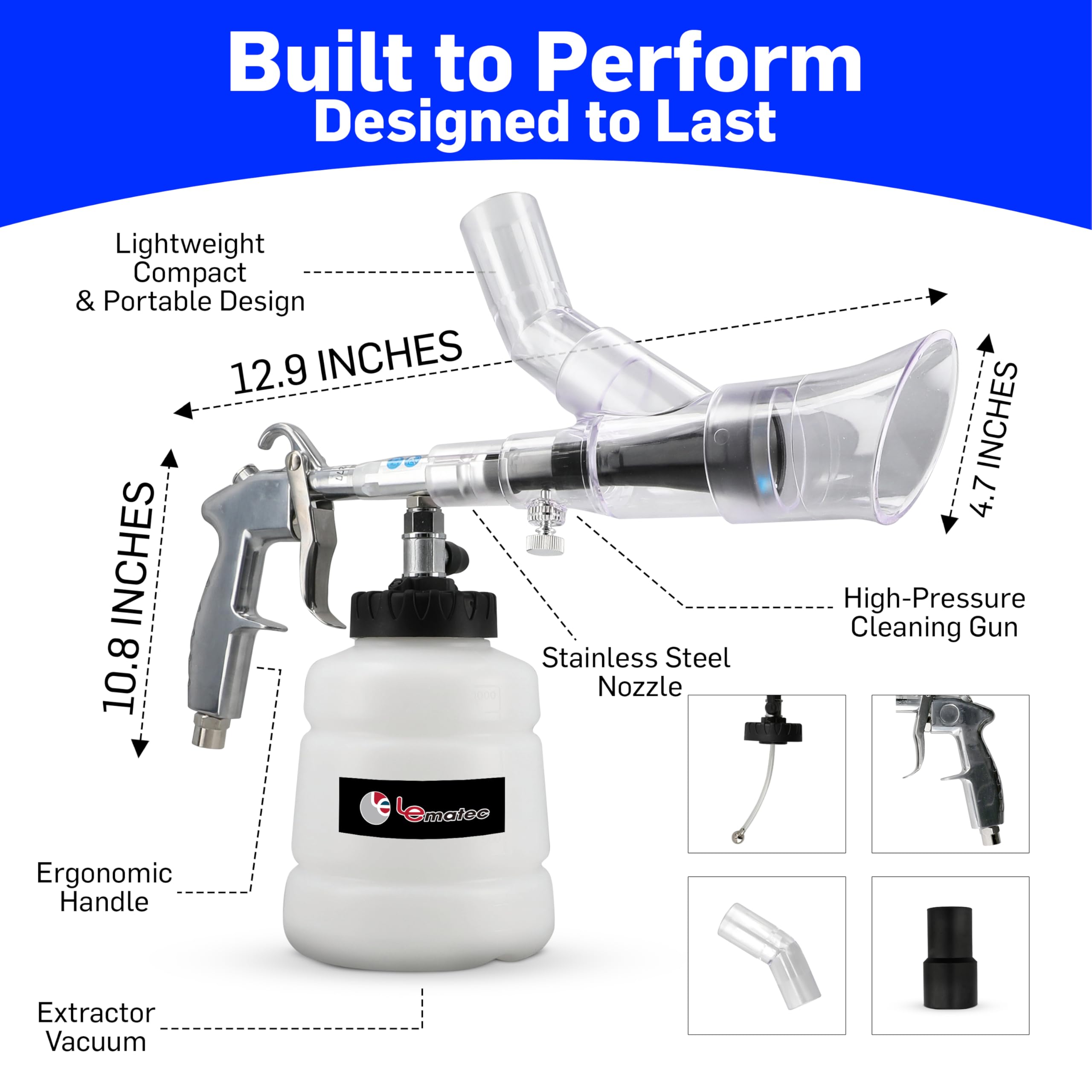 LE LEMATEC Car Wash Equipment: High Pressure Foam Cleaning Gun, Extractor Vacuum Set, Stainless Nozzle for Automotive Detailing, Carpet, Upholstery, Surface Cleaning (LE-WT-0100SB)
