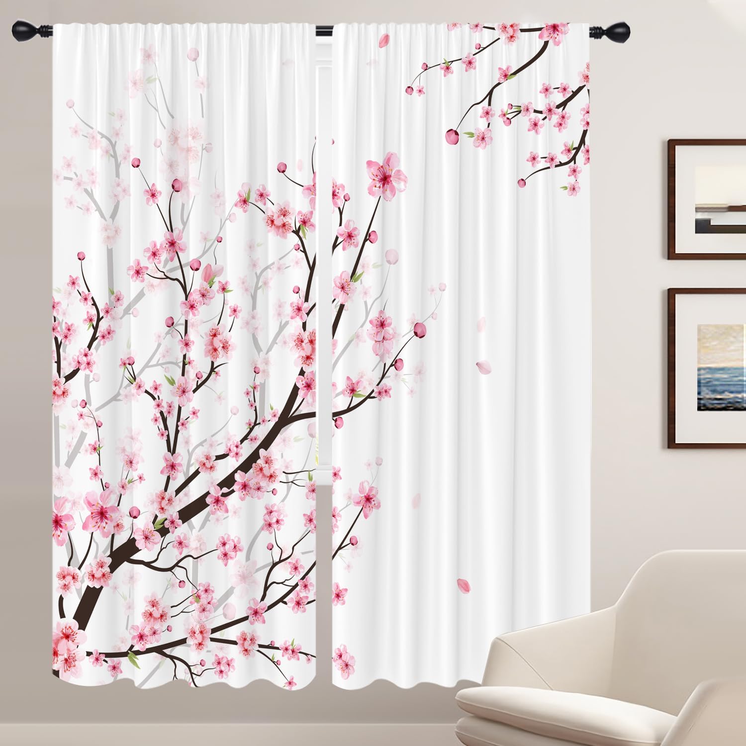 Coxila Pink Cherry Blossom Window Curtains for Bedroom 52 x 84 Inch Rod Pocket Japanese Sakura Flower Floral Design Pattern Curtains Living Room Treatment Set of 2 Curtain Panels Drapes