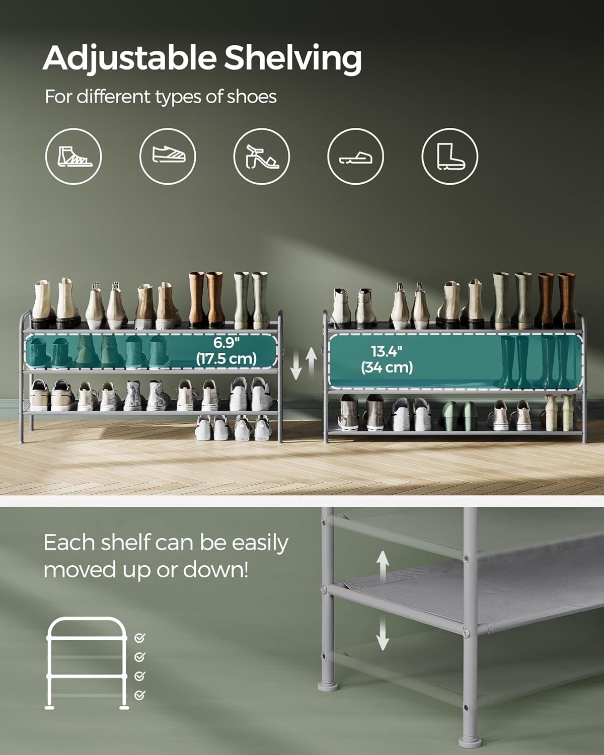 SONGMICS Shoe Rack, 3-Tier Shoe Organizer, Fabric Shoe Shelf Storage with 4 Hooks, Holds up to 18 Pairs of Shoes, Height-Adjustable Shoe Rack for Entryway, Hallway, Closet, Easy Assembly, Dove Gray