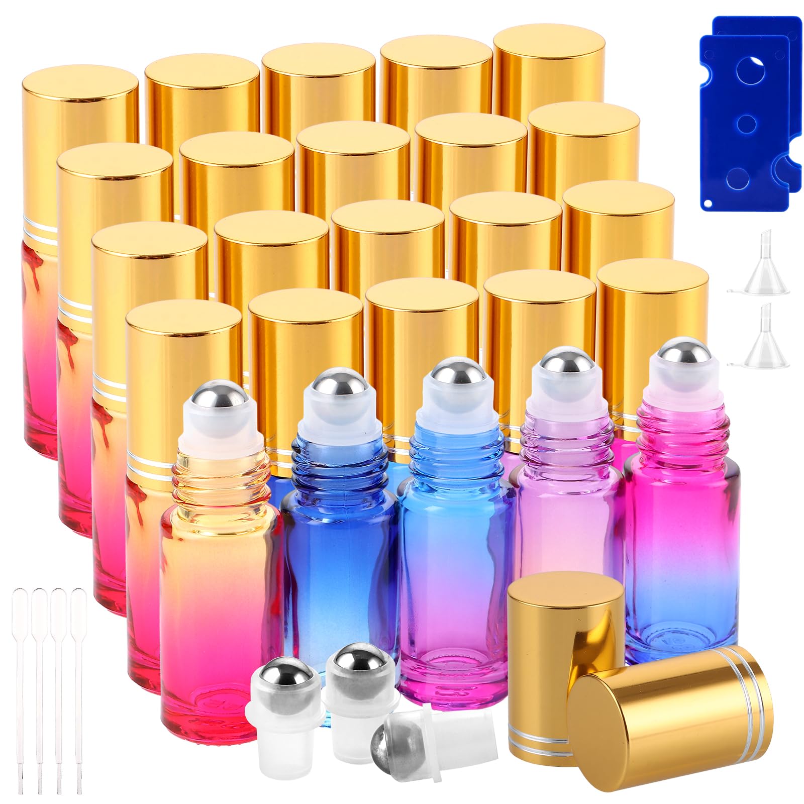 CYEER 25 sztuk butelek Roll On 5 ml, puste butelki z olejkami eterycznymi, zestaw kolorowych butelek na perfumy z kulkami ze stali nierdzewnej i akcesoriami do samodzielnego aromaterapii, torebki i