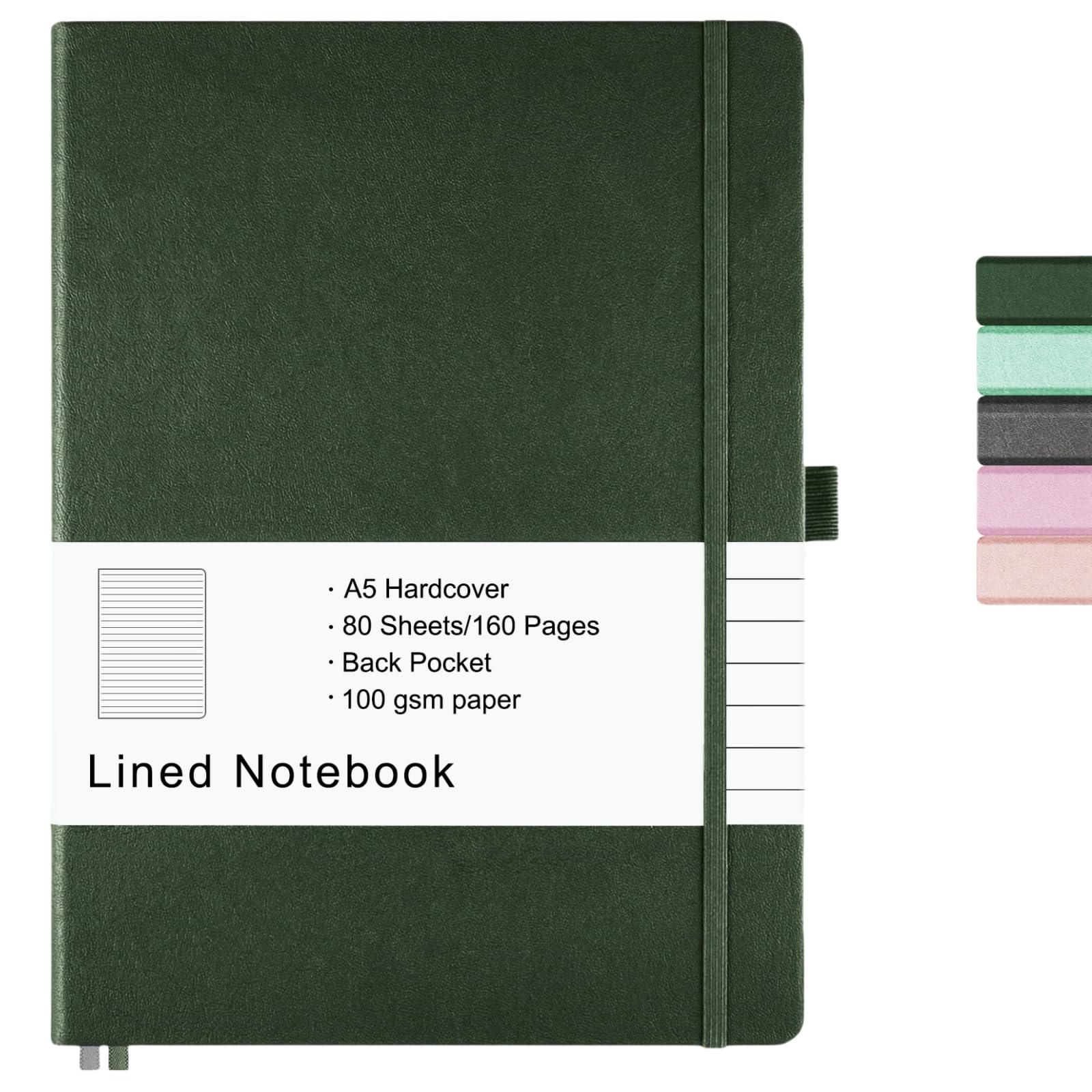 HAO&Q A5 liniertes Tagebuch, Notizbuch für Damen und Herren, 160 Seiten, 100 g/m² dickes Papier, 14,5 x 20,3 cm, Hardcover-Notizbuch mit Stiftschlaufe (grün)