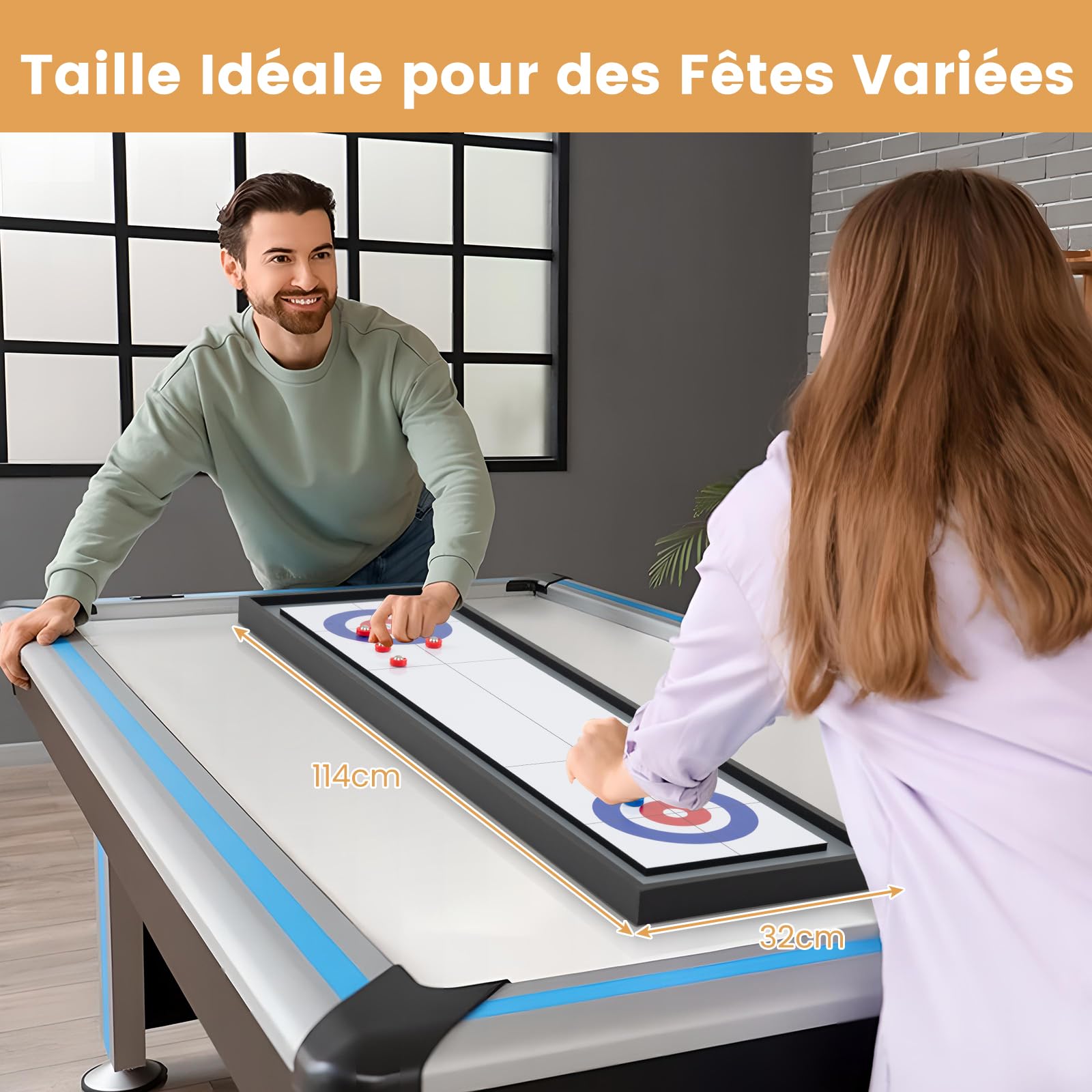 COSTWAY 2 en 1 Jeu de Shuffleboard et Curling Portable avec 8 Palets Roulants, Jeu de Palets Double Face pour Adultes Enfants pour Fête Bar Salle de Jeux, 114x32 cm