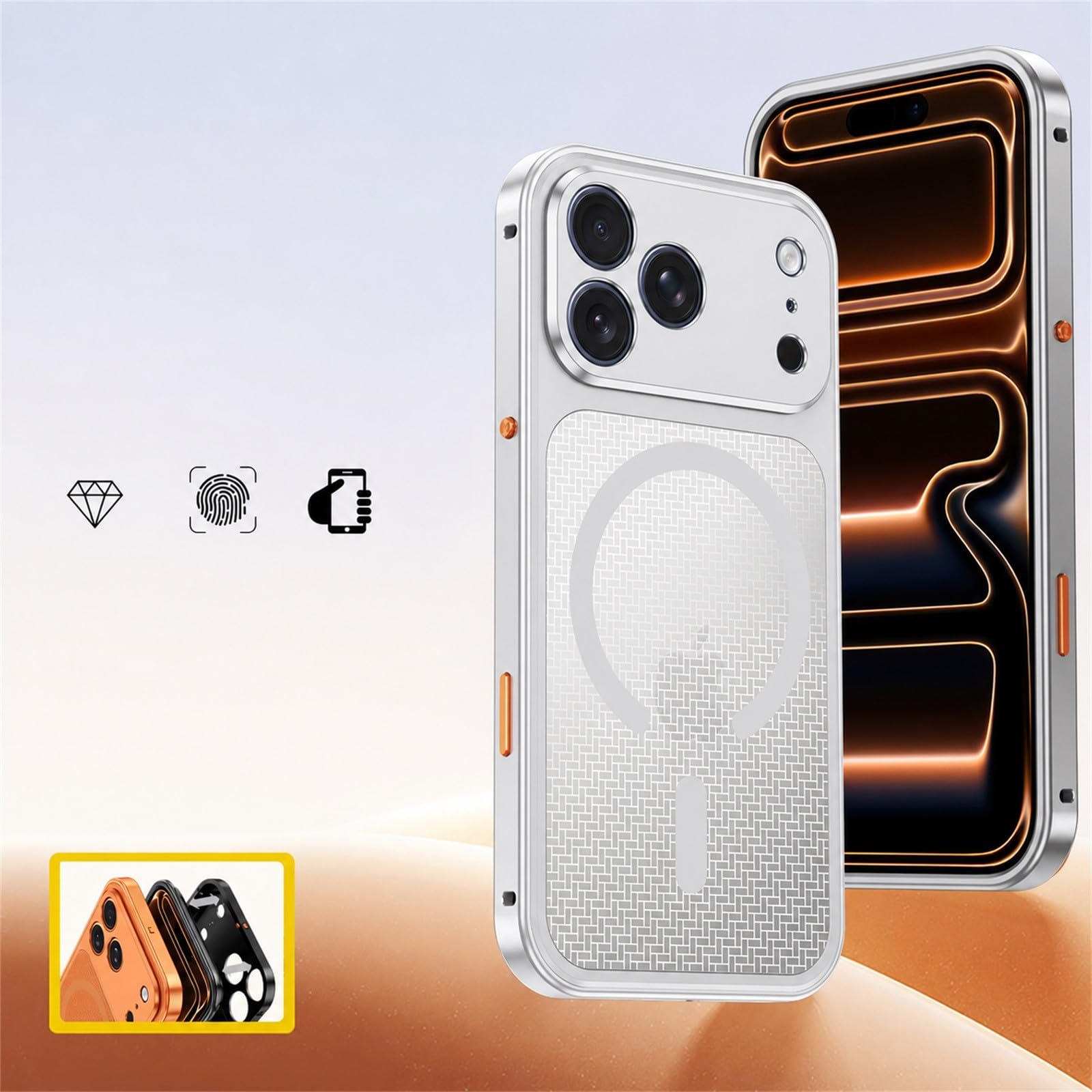 Generic Funda compatible con iPhone 15 (color: plateado), carcasa magnética de metal con marco de disipación de calor, cubierta trasera