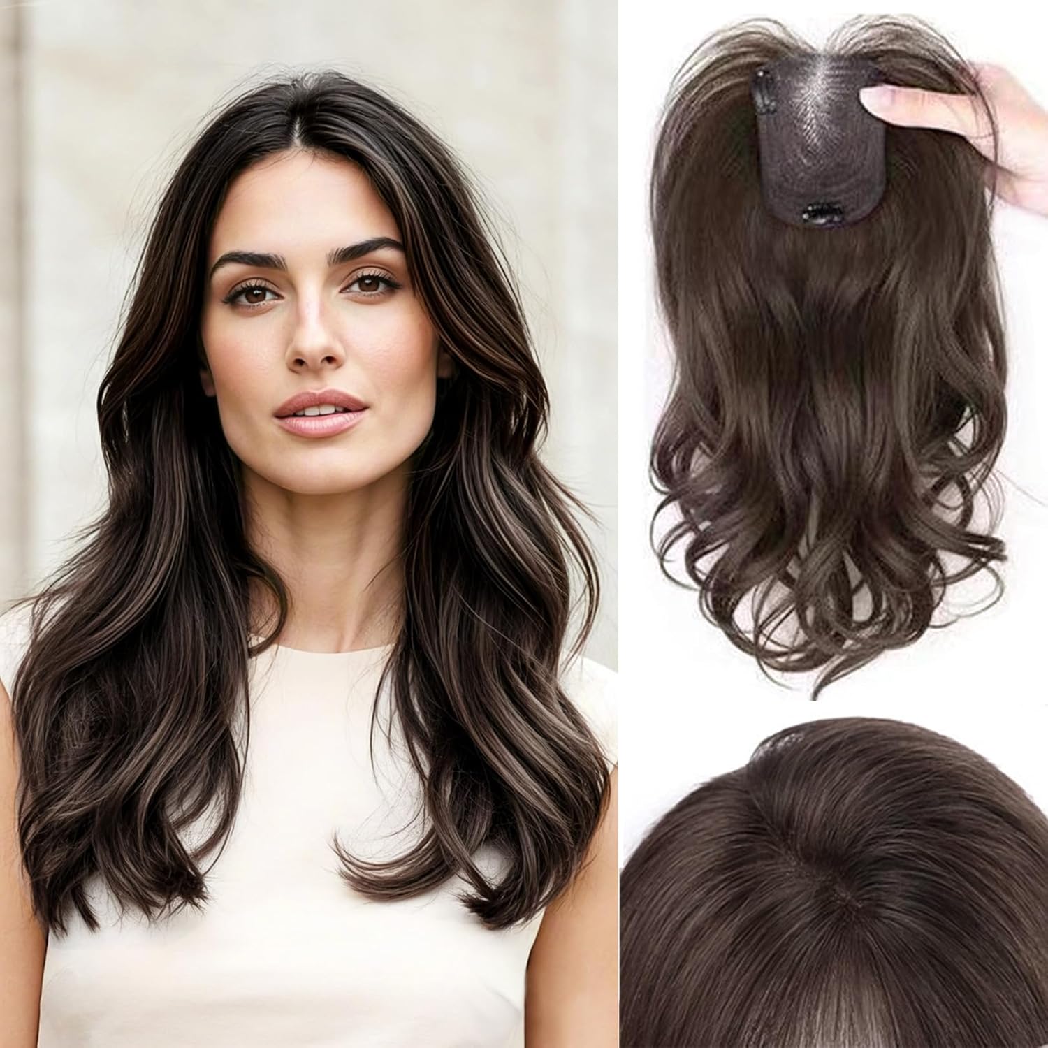 18" Invisible Natural Wavy Hair Topper with French Swept Bangs Handtied Base Forehead Top Hairpiece Free Part Clip in One Piece Extensions Replacement Wiglet Brown Black