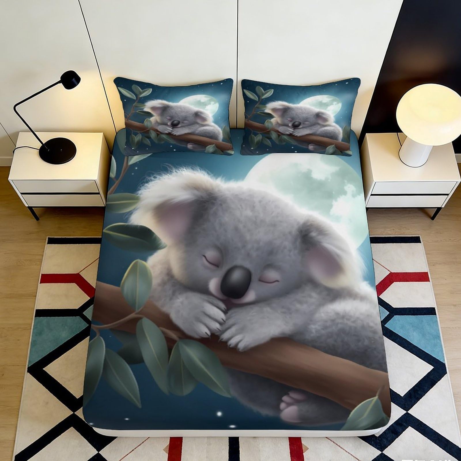 3D Printed Sleeping Koala Fitted Sheet Microfiber Soft Breathable Moonlight Branch Mattress Cover for Bedroom Decor 90x200x25cm