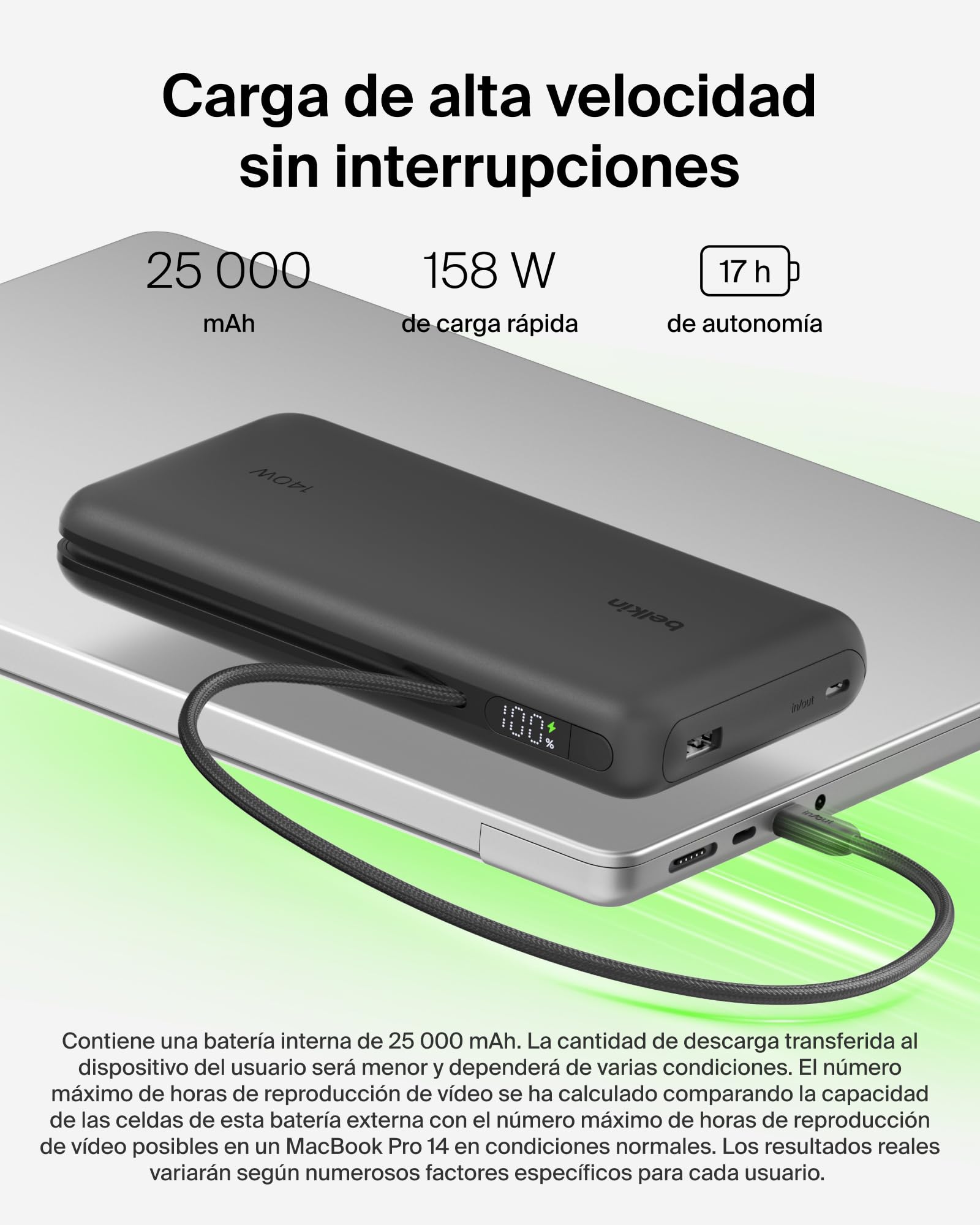Belkin UltraCharge Pro Batería Externa 25 000 mAh para Portátiles - Negro | Power Bank de 25000 mAh, 1 puerto y 1 cable USB-C, 1 puerto USB-A, Power Delivery a 158 W, Pantalla, Batería Portátil