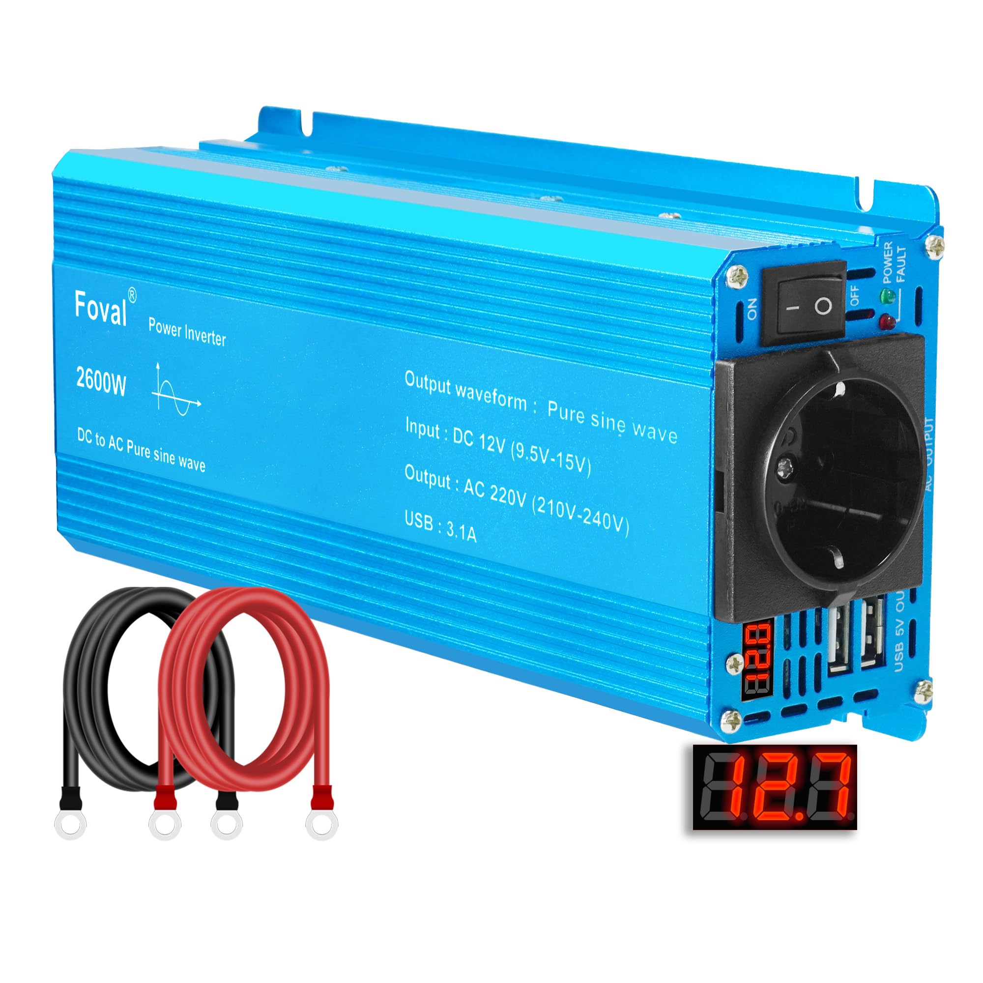 Yinleader Inversor De Corriente 12V 230V Onda Sinusoidal Pura 1300W /2600W Transformador De 12v A 230v, Inversor 2 USB para Coche Caravana Barco -Azul