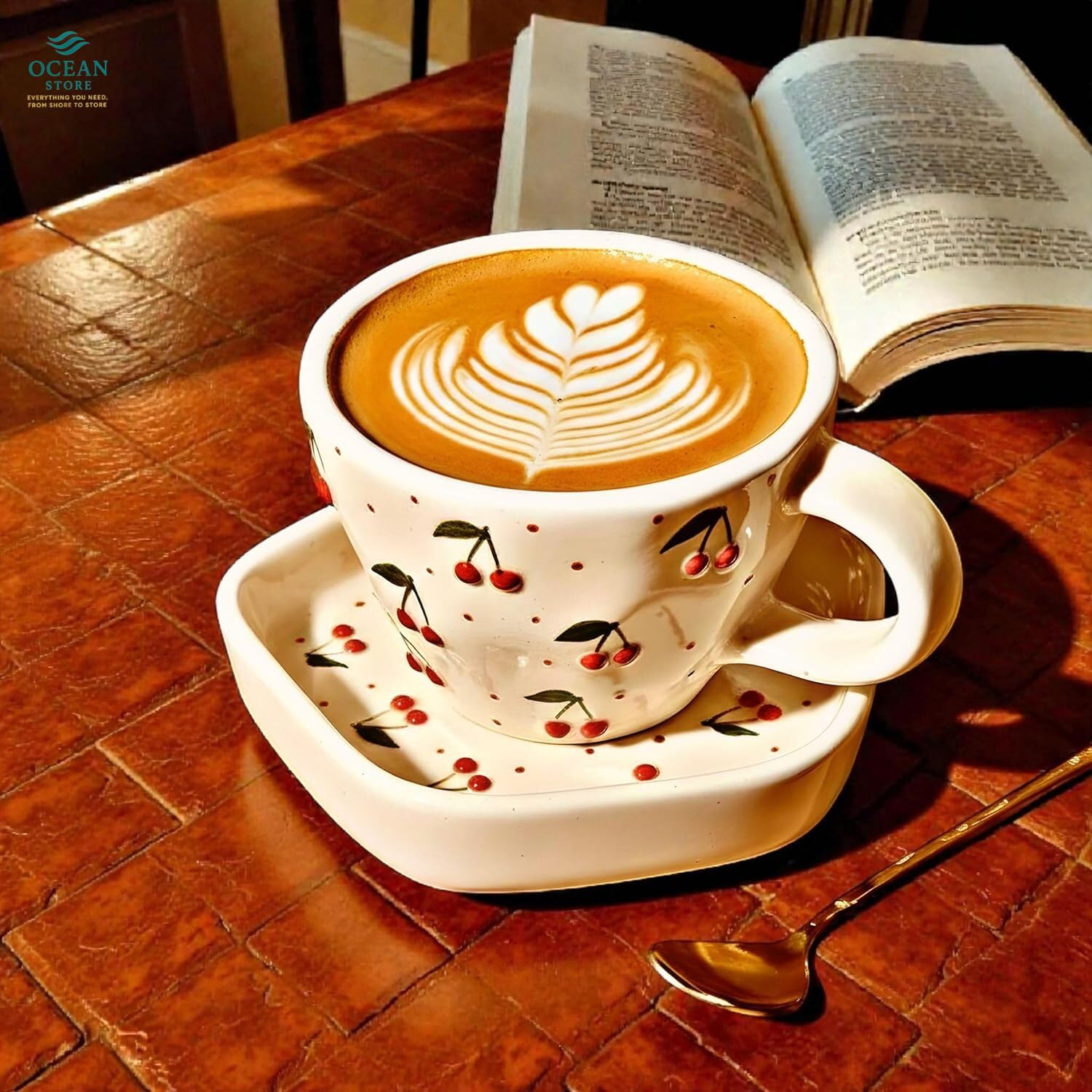 OCEAN STORE Ceramic Cherry Print Tea Cup with Saucer 250 ml | Aesthetic Coffee Cup Set | Cute Printed Ceramic Mug | Glossy Finish Cup for Home, Office & Café (1)-image-33