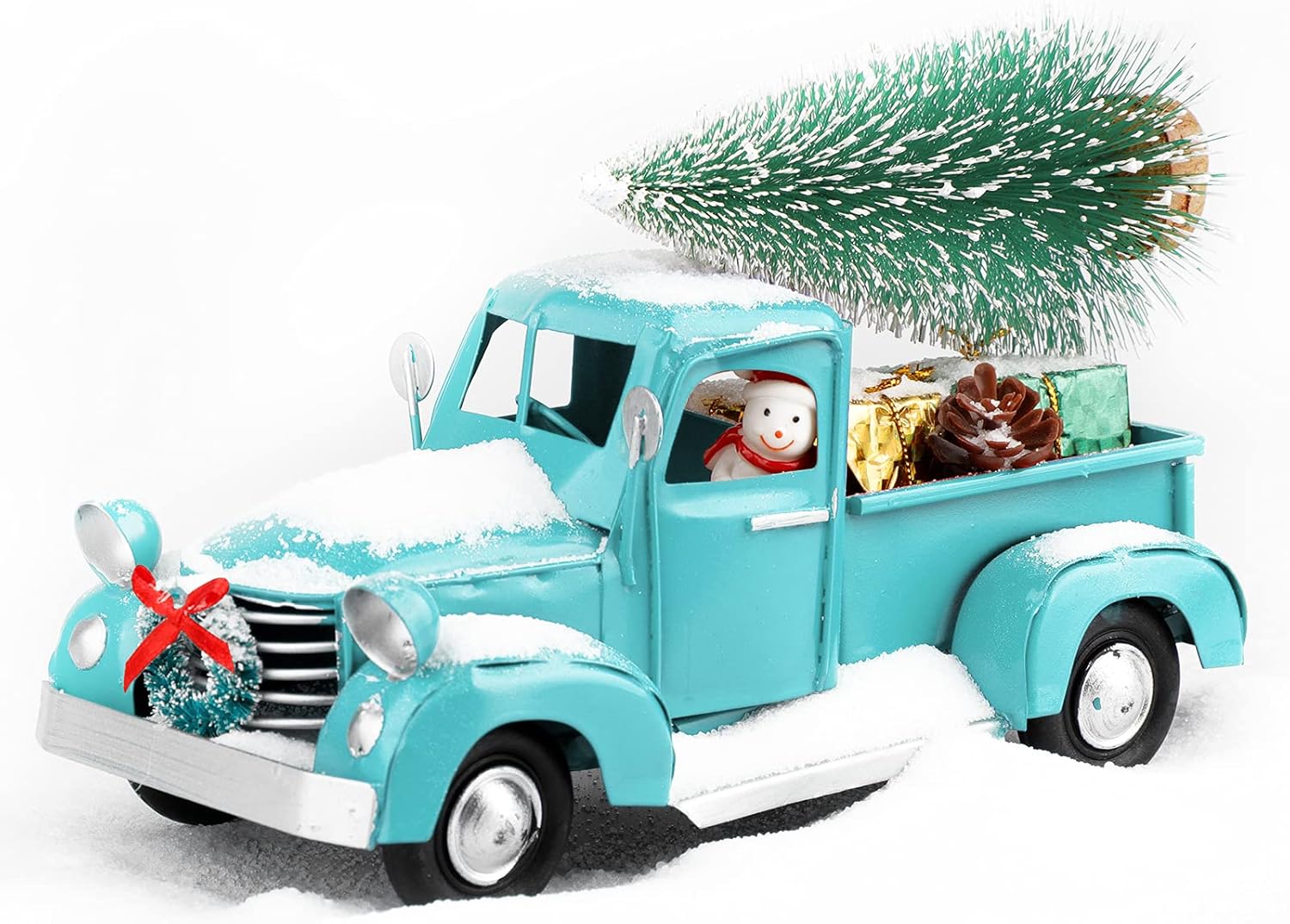 AerWo Christmas Blue Truck Decor, Vintage Metal Truck, Upgraded Old Metal Pickup Truck Car Model for Christmas Decorations Table Top Decor
